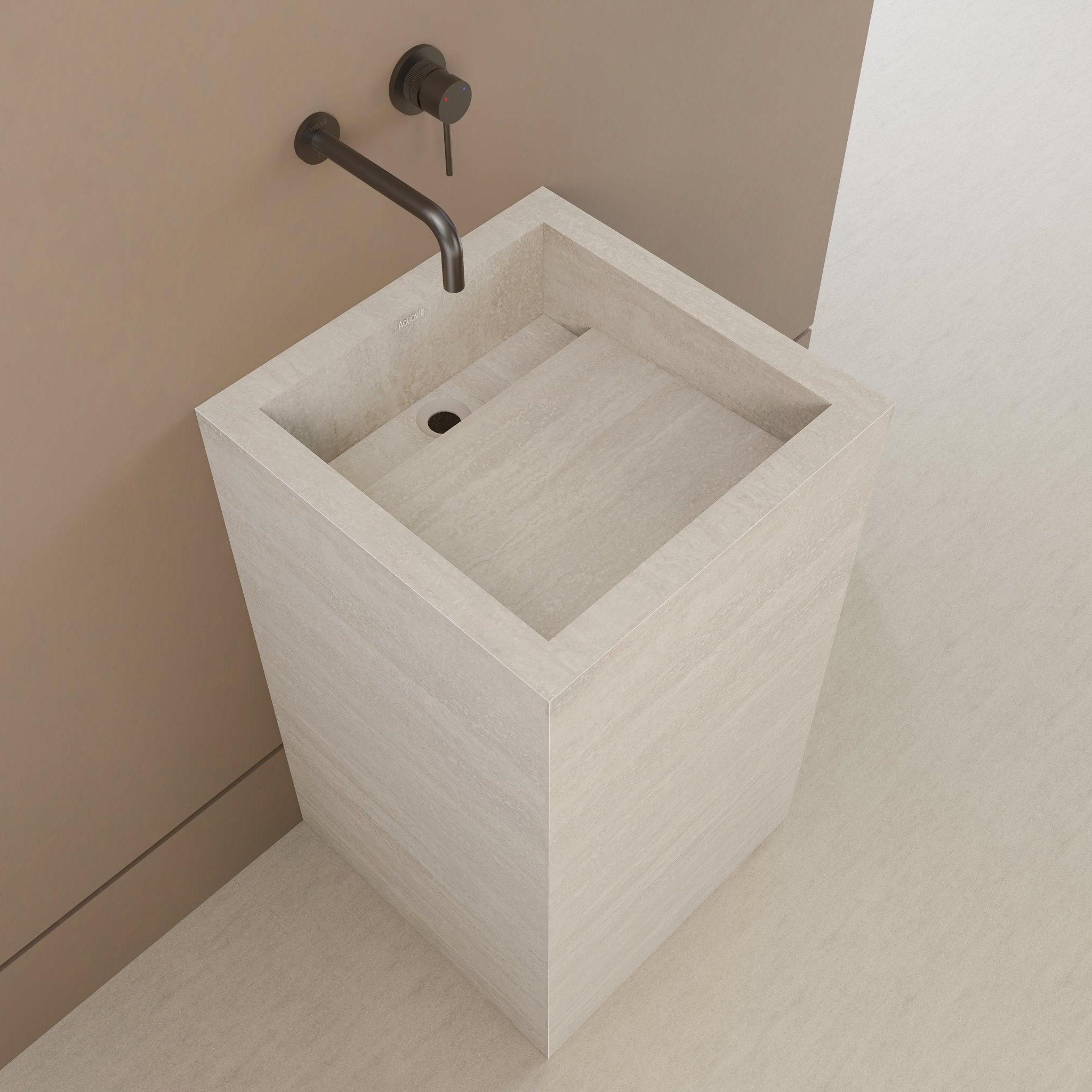 Monolithic Freestanding Pedestal Sink | Ivory Sand Sintered Stone Ramp Basin with Hidden Drain -VanityNo Hole (Wall-Mount)