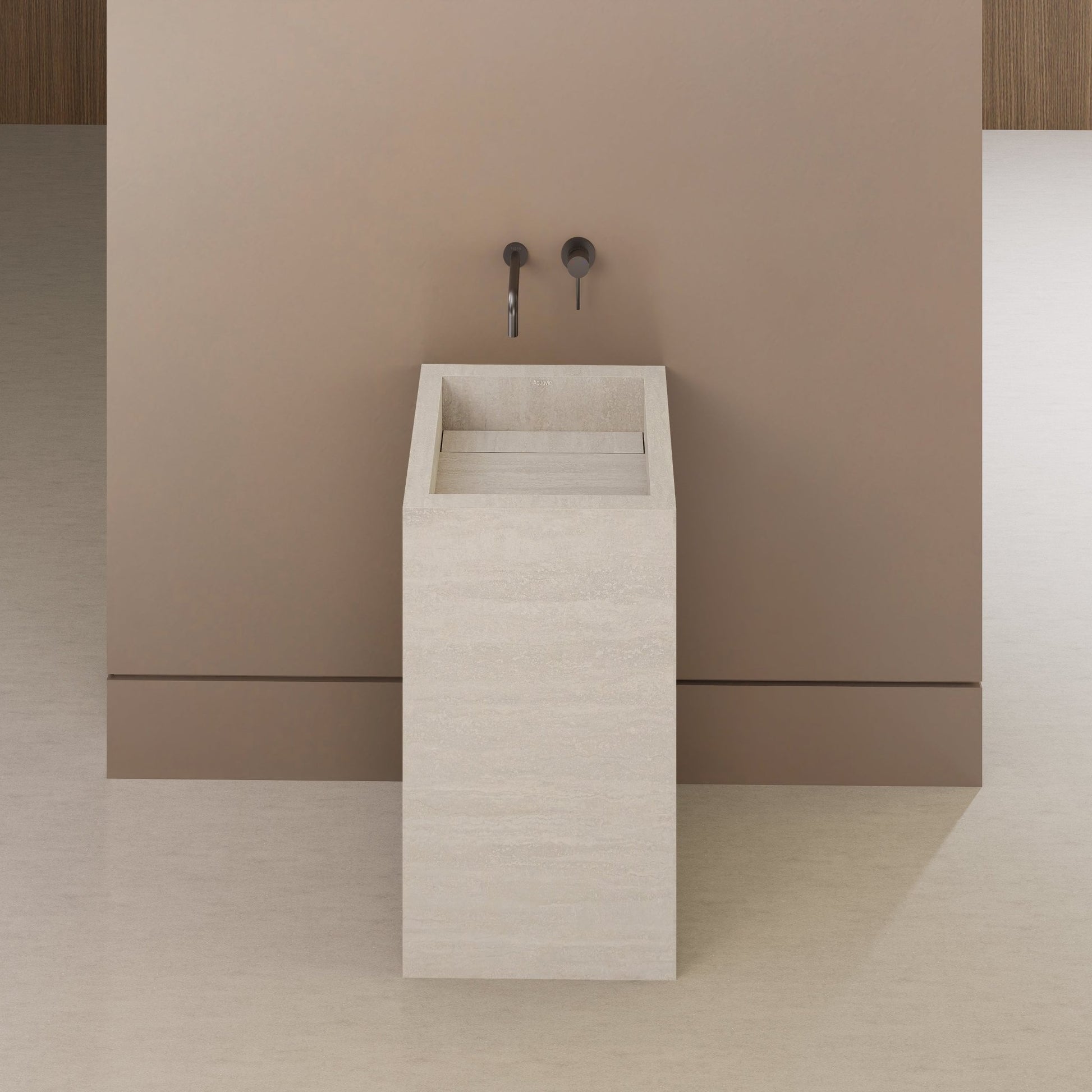 Monolithic Freestanding Pedestal Sink | Ivory Sand Sintered Stone Ramp Basin with Hidden Drain -VanityNo Hole (Wall-Mount)