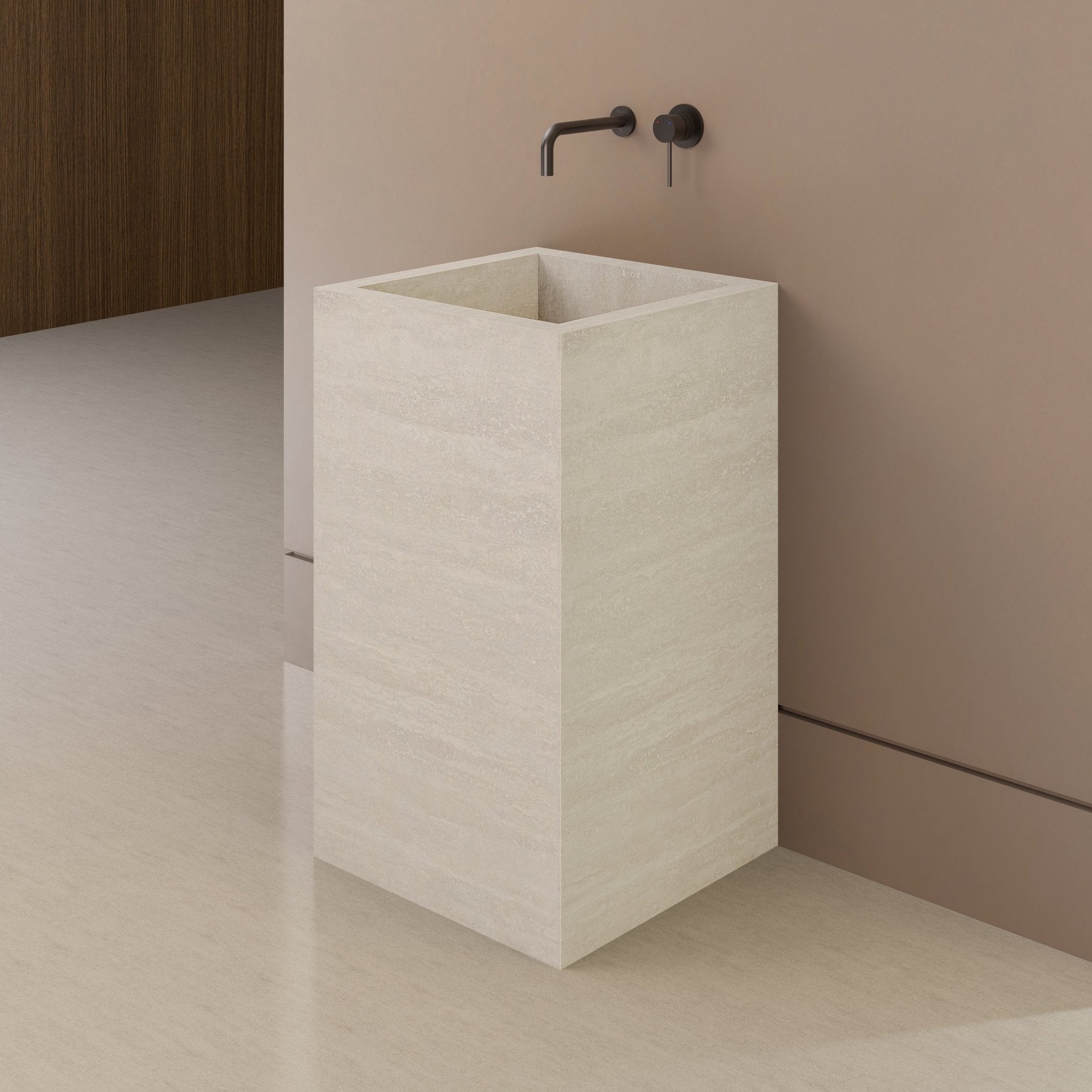 Monolithic Freestanding Pedestal Sink | Ivory Sand Sintered Stone Ramp Basin with Hidden Drain -VanityNo Hole (Wall-Mount)