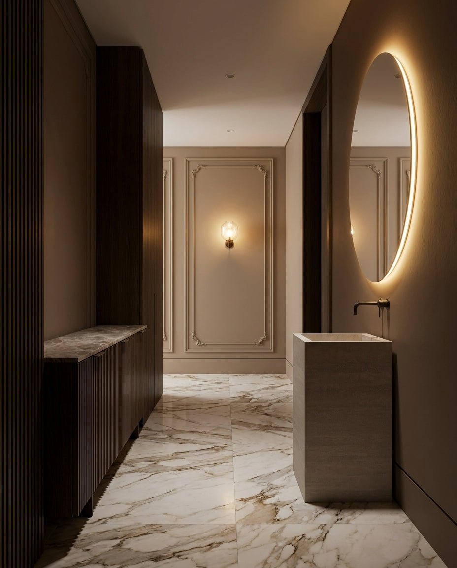 Monolithic Freestanding Pedestal Sink | Ivory Sand Sintered Stone Ramp Basin with Hidden Drain -VanityNo Hole (Wall-Mount)