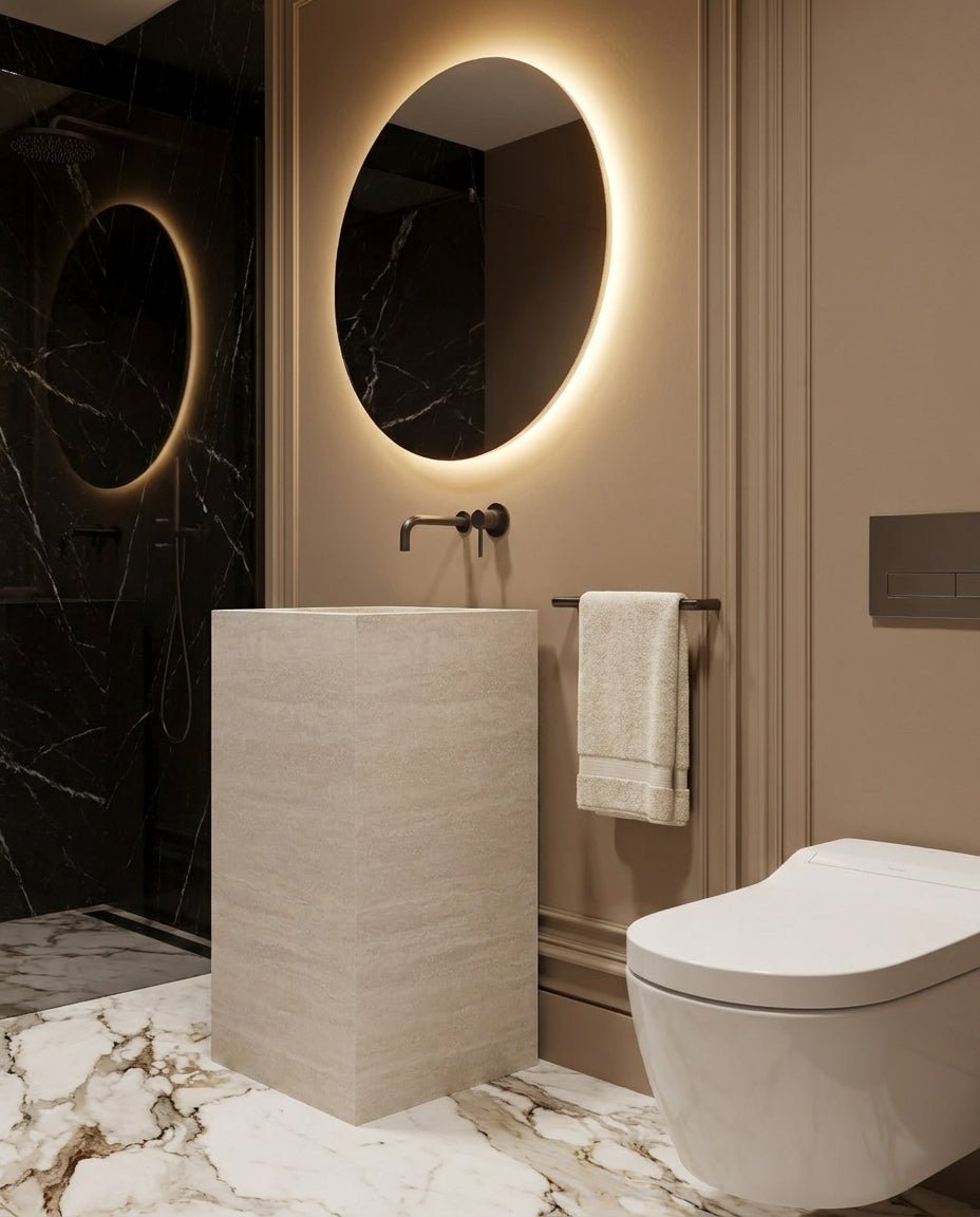 Monolithic Freestanding Pedestal Sink | Ivory Sand Sintered Stone Ramp Basin with Hidden Drain -VanityNo Hole (Wall-Mount)