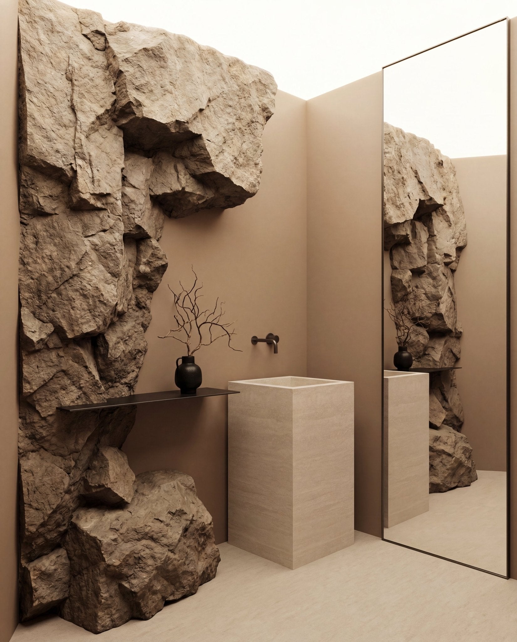 Monolithic Freestanding Pedestal Sink | Ivory Sand Sintered Stone Ramp Basin with Hidden Drain -VanityNo Hole (Wall-Mount)