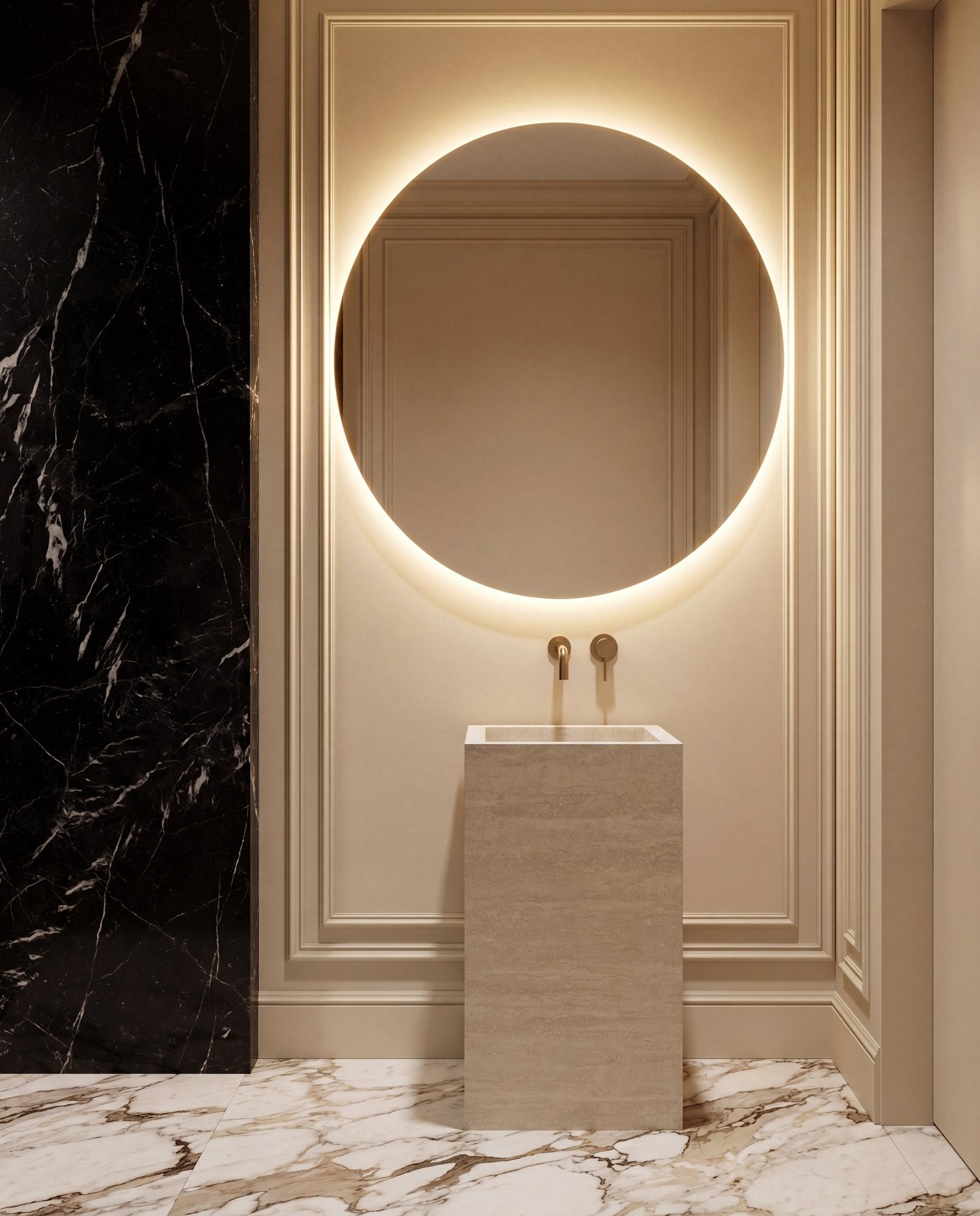 Monolithic Freestanding Pedestal Sink | Ivory Sand Sintered Stone Ramp Basin with Hidden Drain -VanityNo Hole (Wall-Mount)