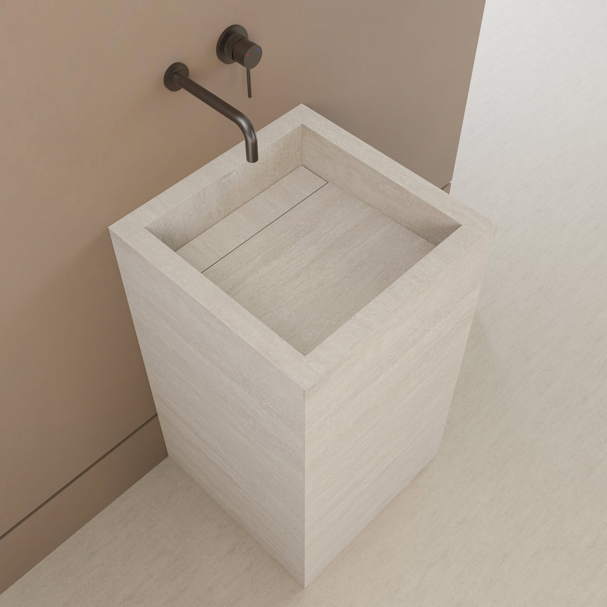 Monolithic Freestanding Pedestal Sink | Ivory Sand Sintered Stone Ramp Basin with Hidden Drain -VanityNo Hole (Wall-Mount)