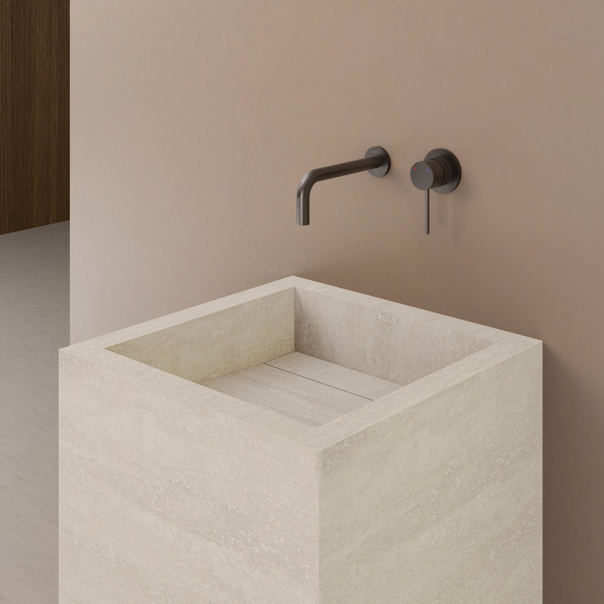 Monolithic Freestanding Pedestal Sink | Ivory Sand Sintered Stone Ramp Basin with Hidden Drain -VanityNo Hole (Wall-Mount)