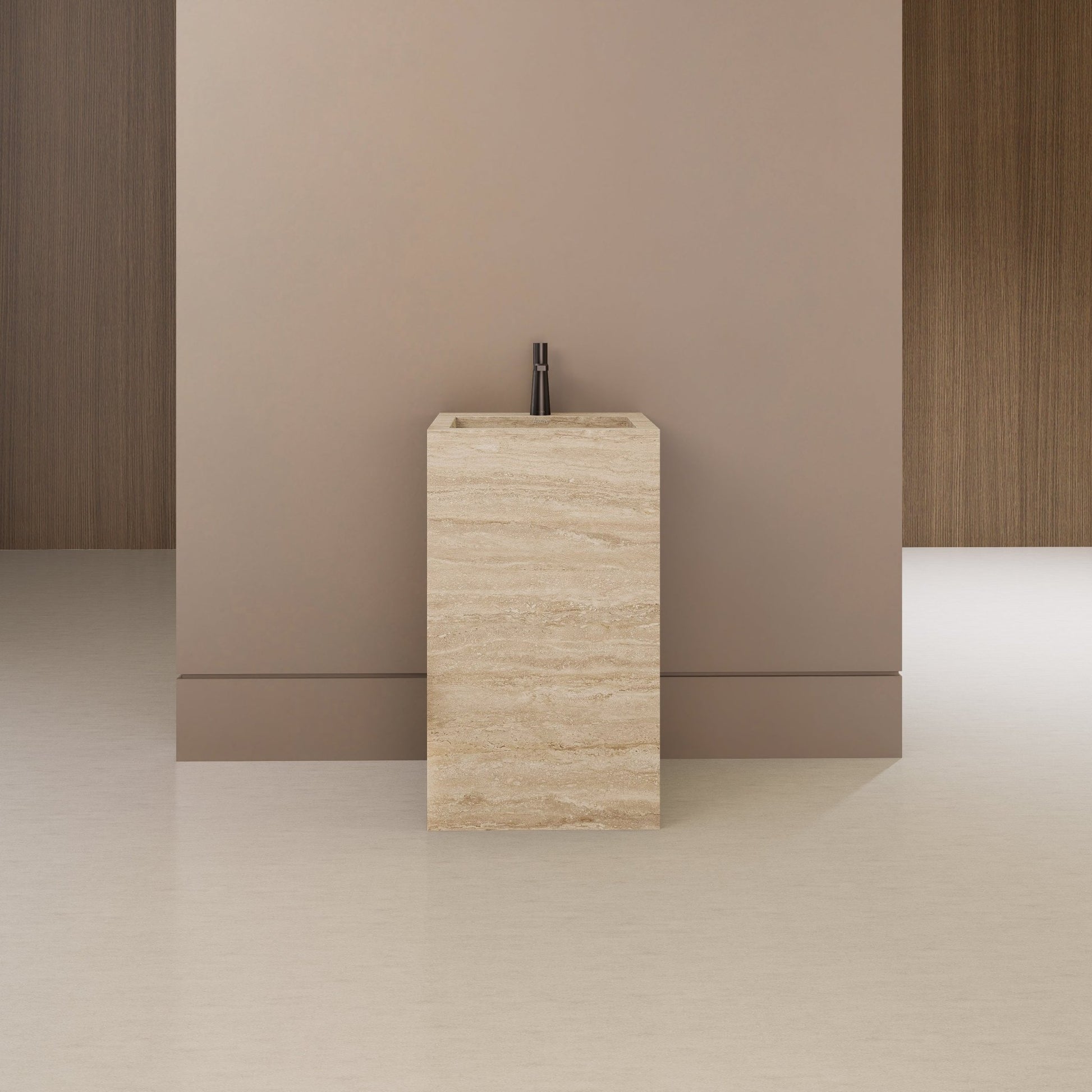 Monolithic Freestanding Pedestal Sink | Natural Travertine Sintered Stone Ramp Basin -Vanity1 Hole (Deck-Mount)
