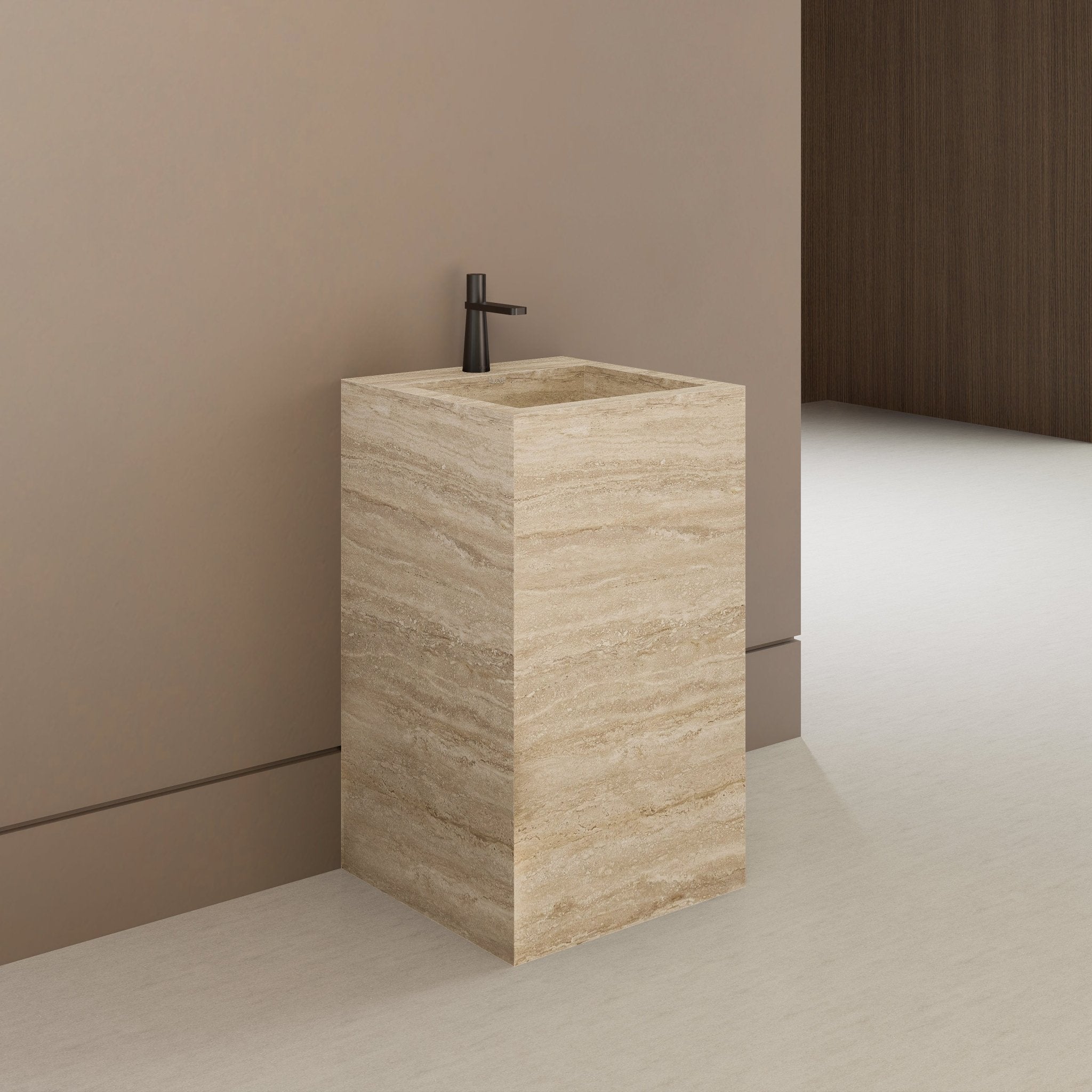 Monolithic Freestanding Pedestal Sink | Natural Travertine Sintered Stone Ramp Basin -Vanity1 Hole (Deck-Mount)