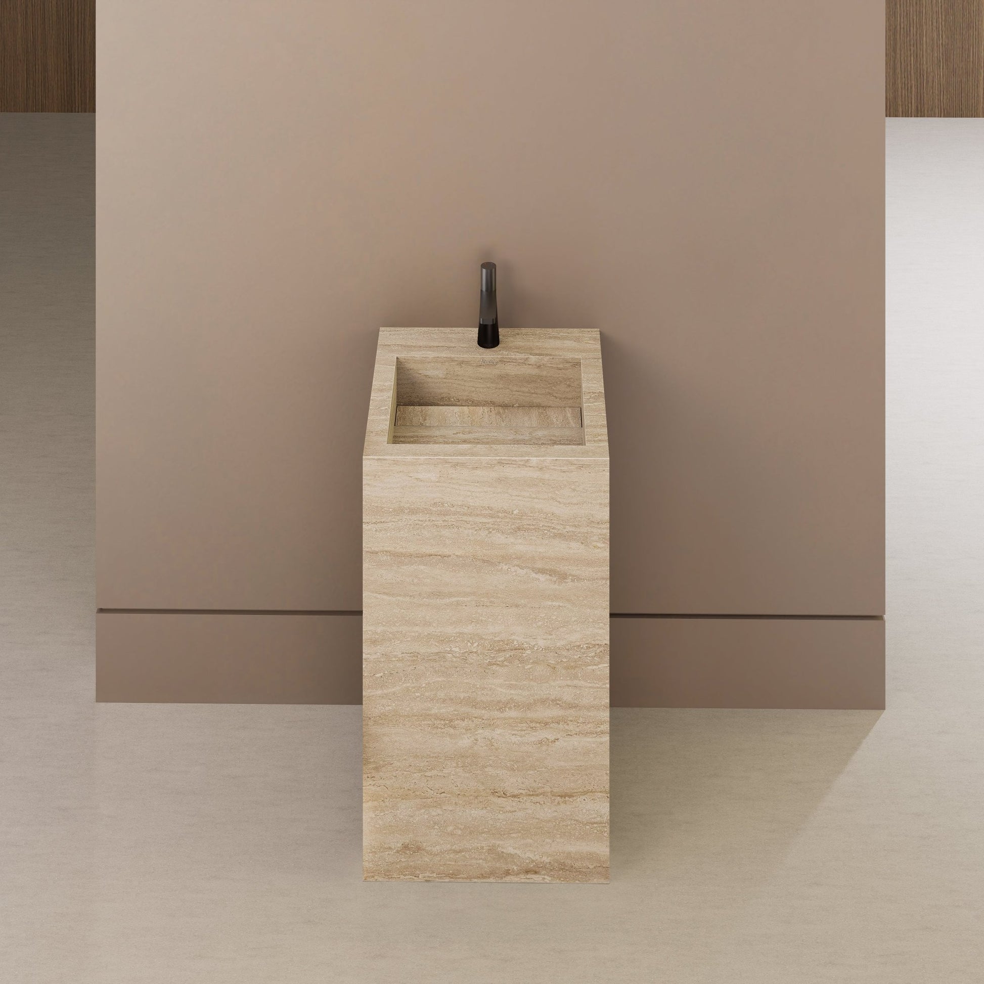Monolithic Freestanding Pedestal Sink | Natural Travertine Sintered Stone Ramp Basin -Vanity1 Hole (Deck-Mount)