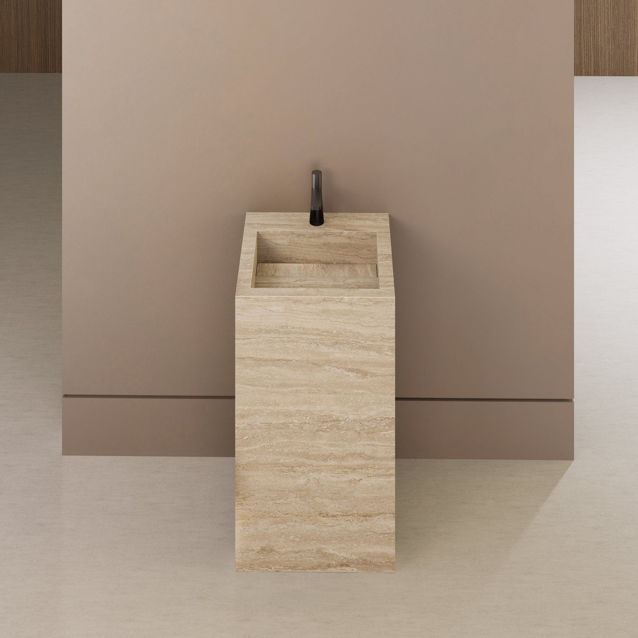 Monolithic Freestanding Pedestal Sink | Natural Travertine Sintered Stone Ramp Basin -Vanity1 Hole (Deck-Mount)