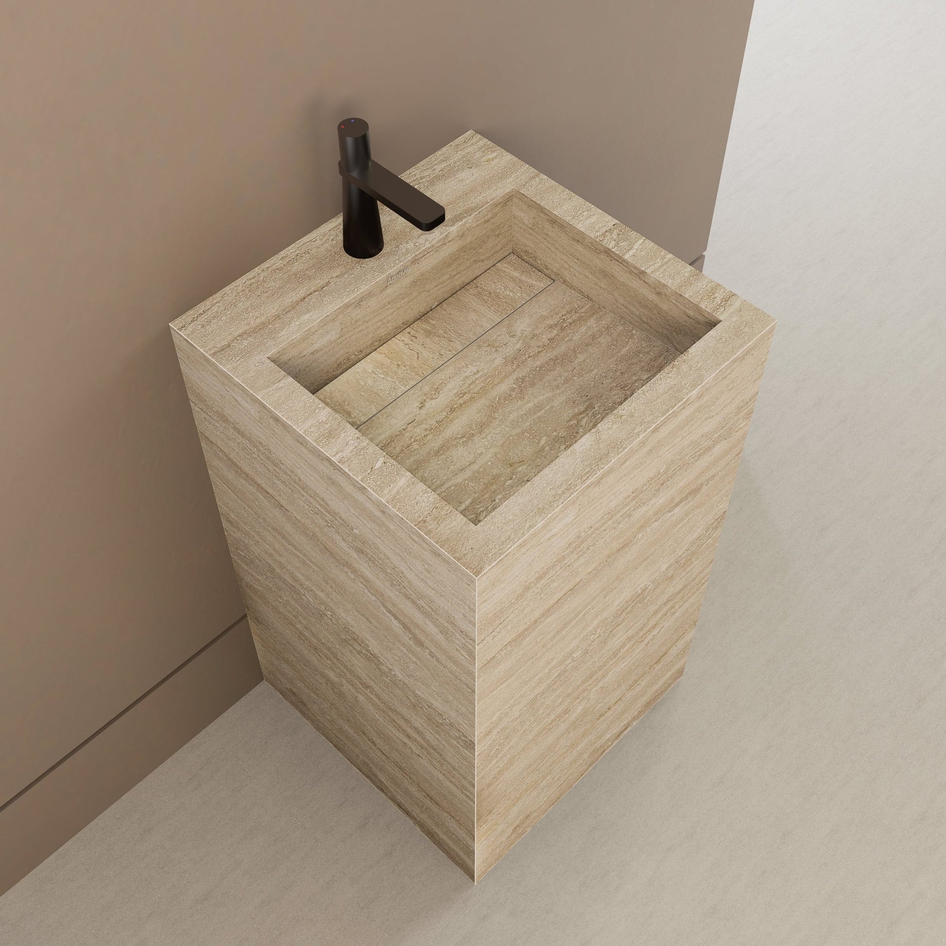 Monolithic Freestanding Pedestal Sink | Natural Travertine Sintered Stone Ramp Basin -Vanity1 Hole (Deck-Mount)