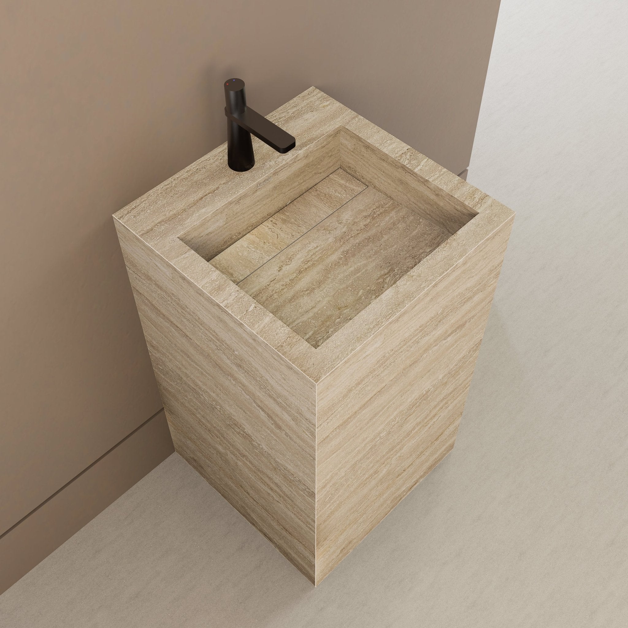 Monolithic Freestanding Pedestal Sink | Natural Travertine Sintered Stone Ramp Basin -Vanity1 Hole (Deck-Mount)