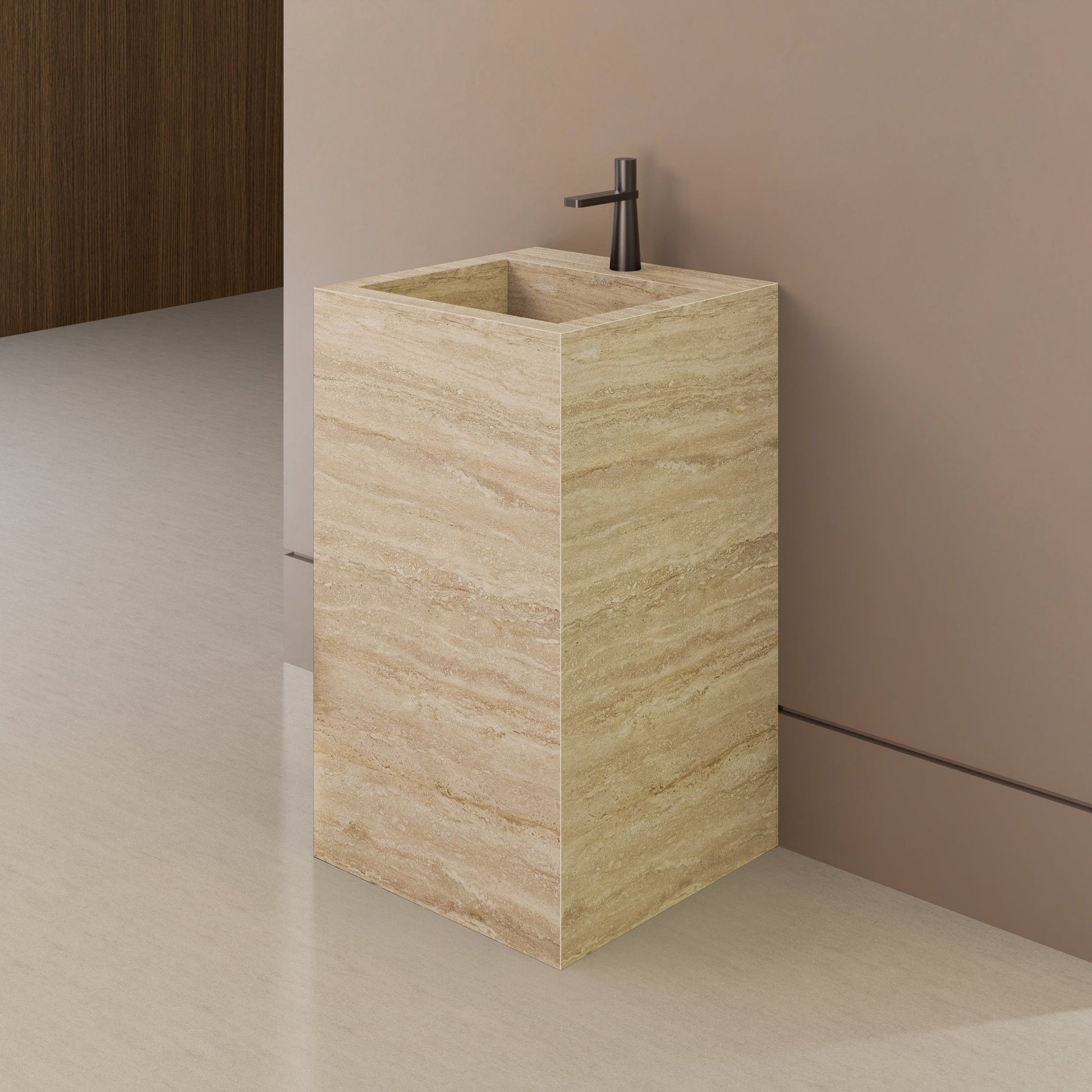 Monolithic Freestanding Pedestal Sink | Natural Travertine Sintered Stone Ramp Basin -Vanity1 Hole (Deck-Mount)