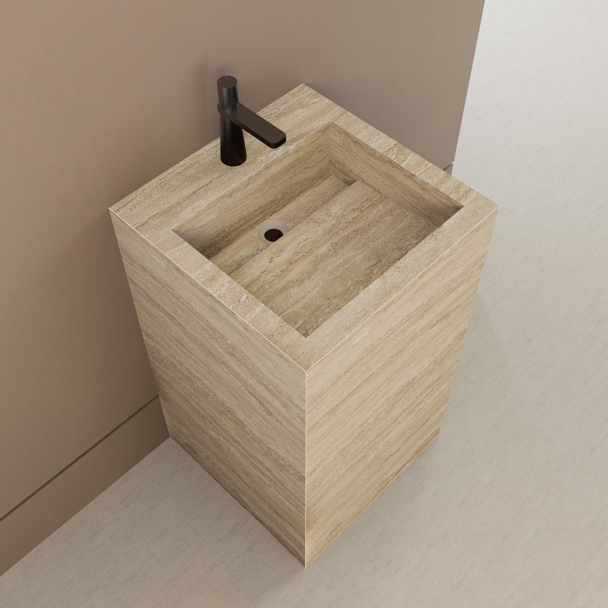 Monolithic Freestanding Pedestal Sink | Natural Travertine Sintered Stone Ramp Basin -Vanity1 Hole (Deck-Mount)