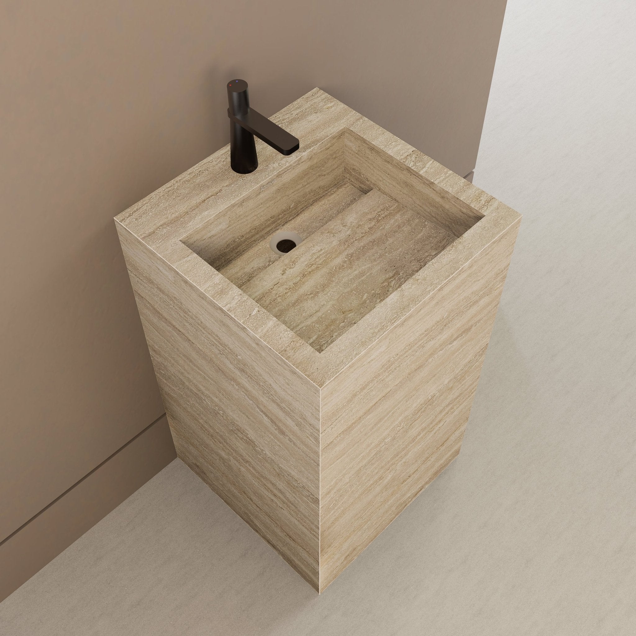 Monolithic Freestanding Pedestal Sink | Natural Travertine Sintered Stone Ramp Basin -Vanity1 Hole (Deck-Mount)