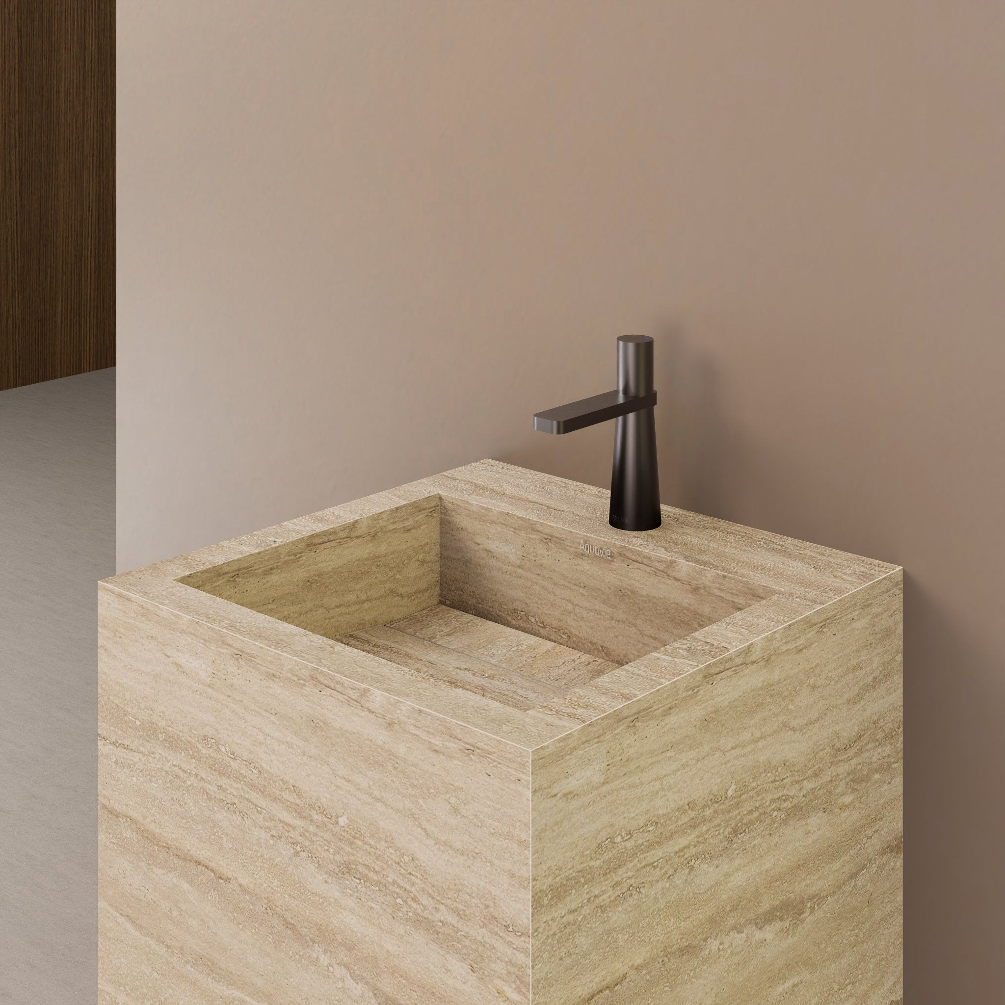 Monolithic Freestanding Pedestal Sink | Natural Travertine Sintered Stone Ramp Basin -Vanity1 Hole (Deck-Mount)