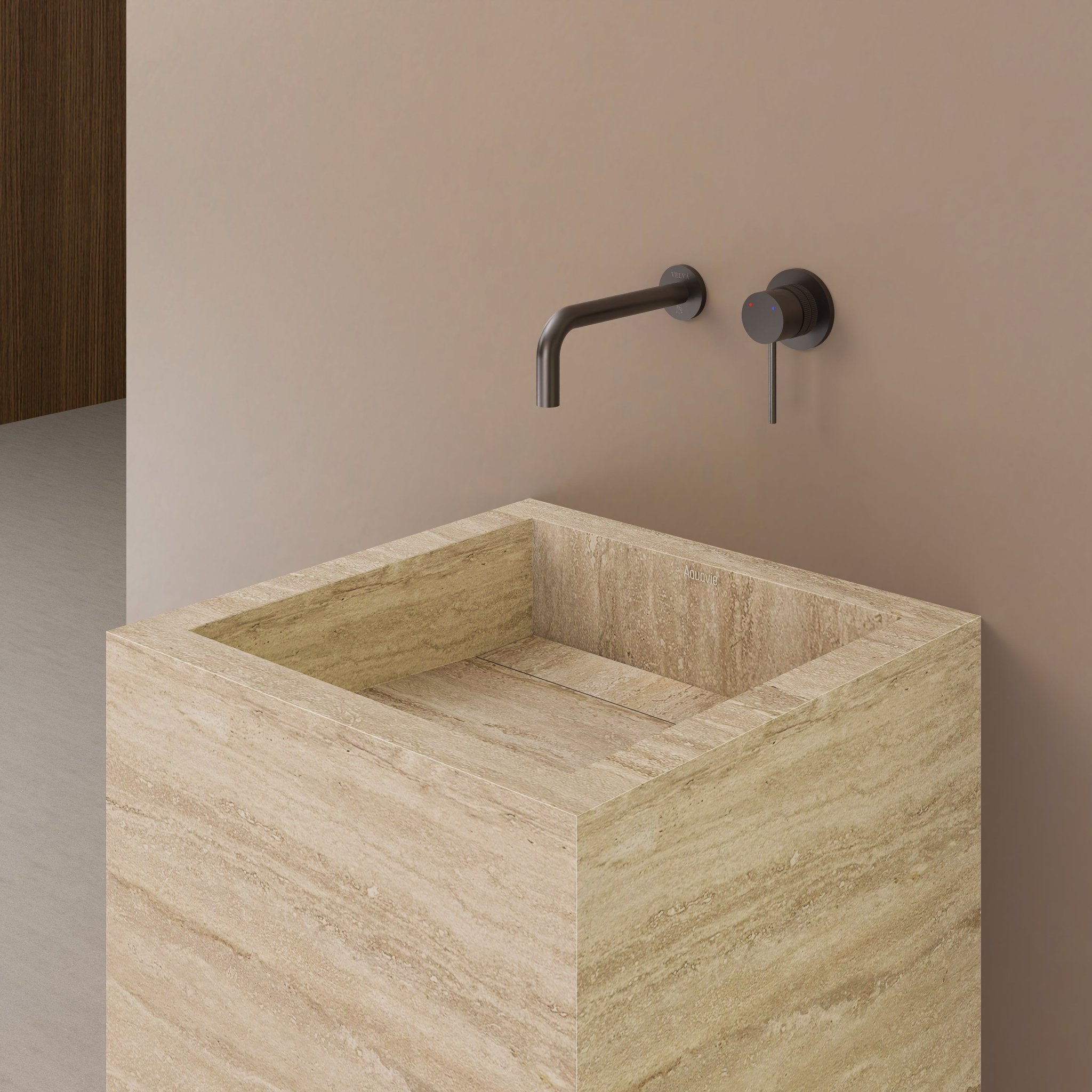 Monolithic Freestanding Pedestal Sink | Natural Travertine Sintered Stone Ramp Basin -VanityNo Hole (Wall-Mount)