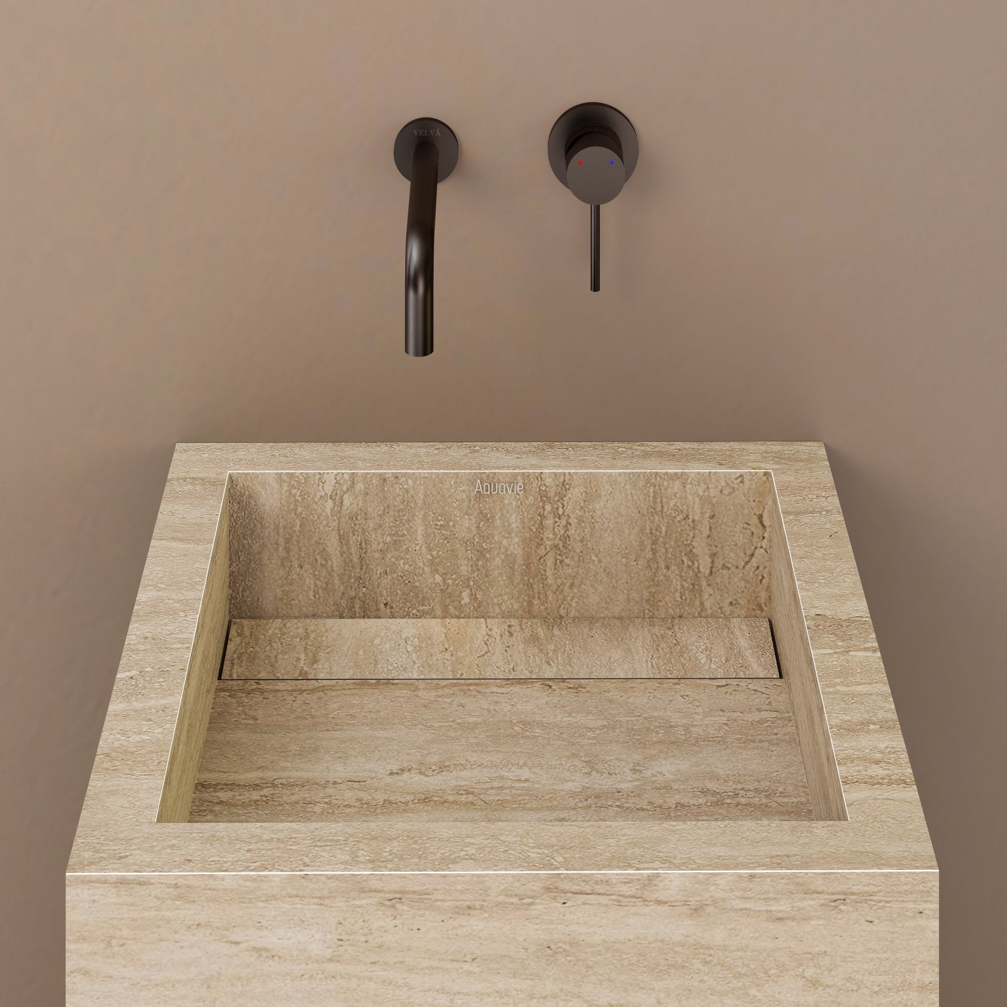 Monolithic Freestanding Pedestal Sink | Natural Travertine Sintered Stone Ramp Basin -VanityNo Hole (Wall-Mount)
