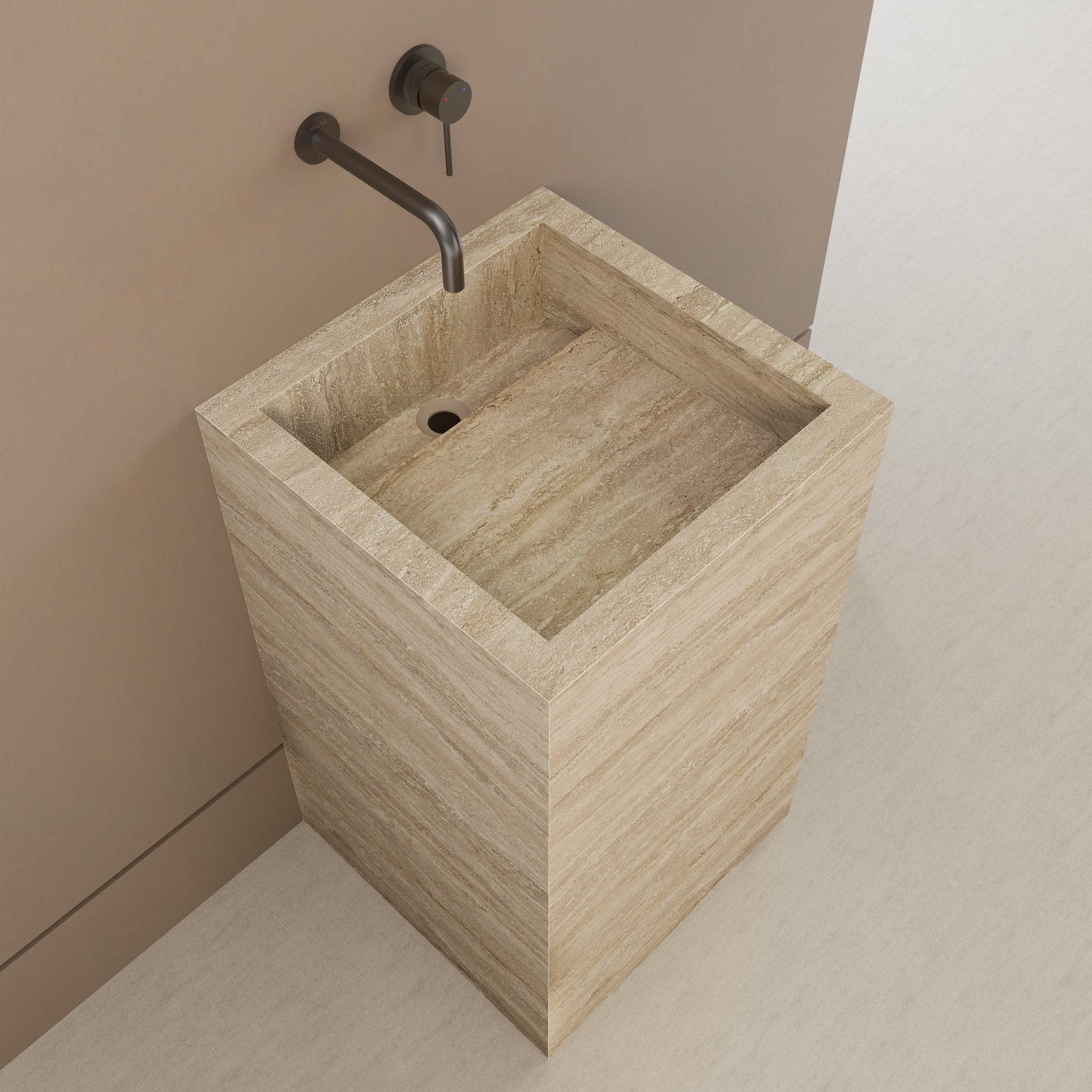 Monolithic Freestanding Pedestal Sink | Natural Travertine Sintered Stone Ramp Basin -VanityNo Hole (Wall-Mount)