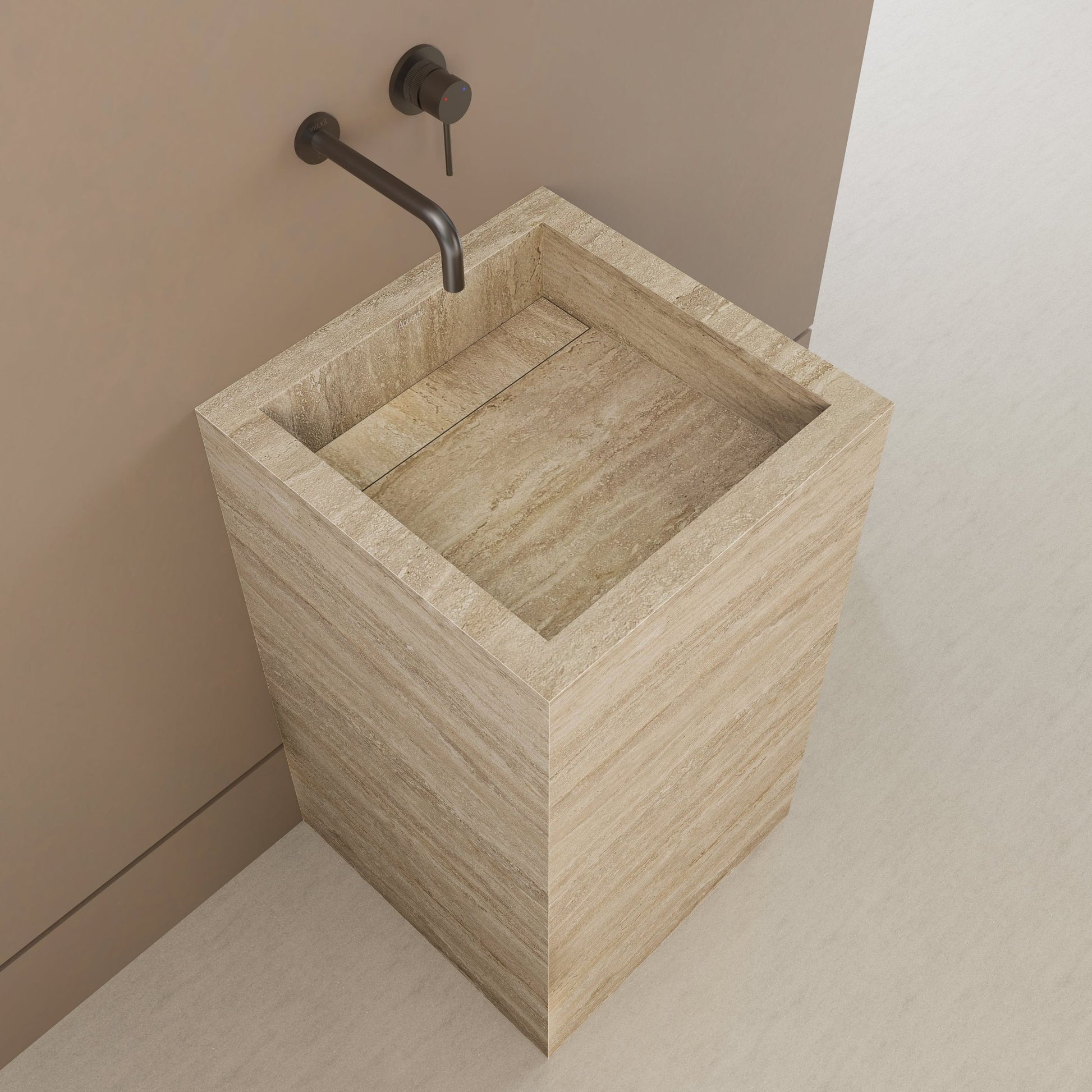Monolithic Freestanding Pedestal Sink | Natural Travertine Sintered Stone Ramp Basin -VanityNo Hole (Wall-Mount)