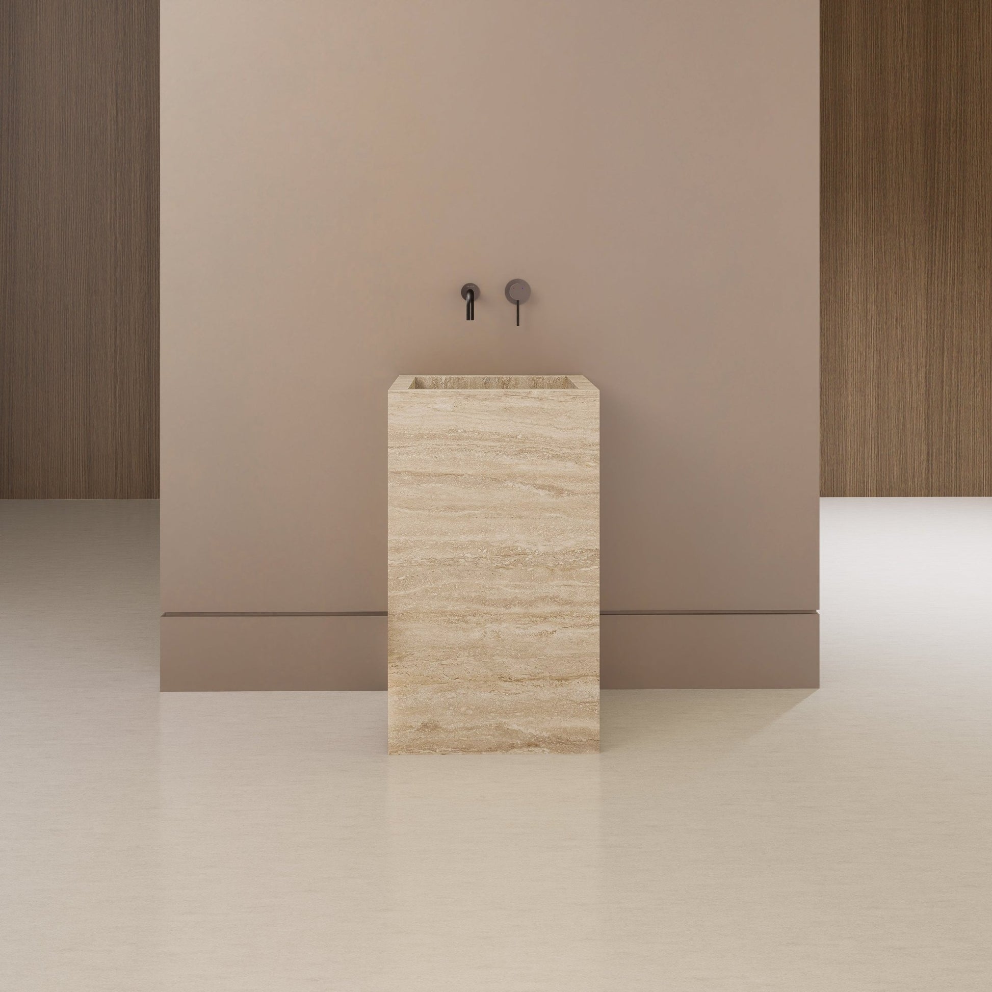 Monolithic Freestanding Pedestal Sink | Natural Travertine Sintered Stone Ramp Basin -VanityNo Hole (Wall-Mount)