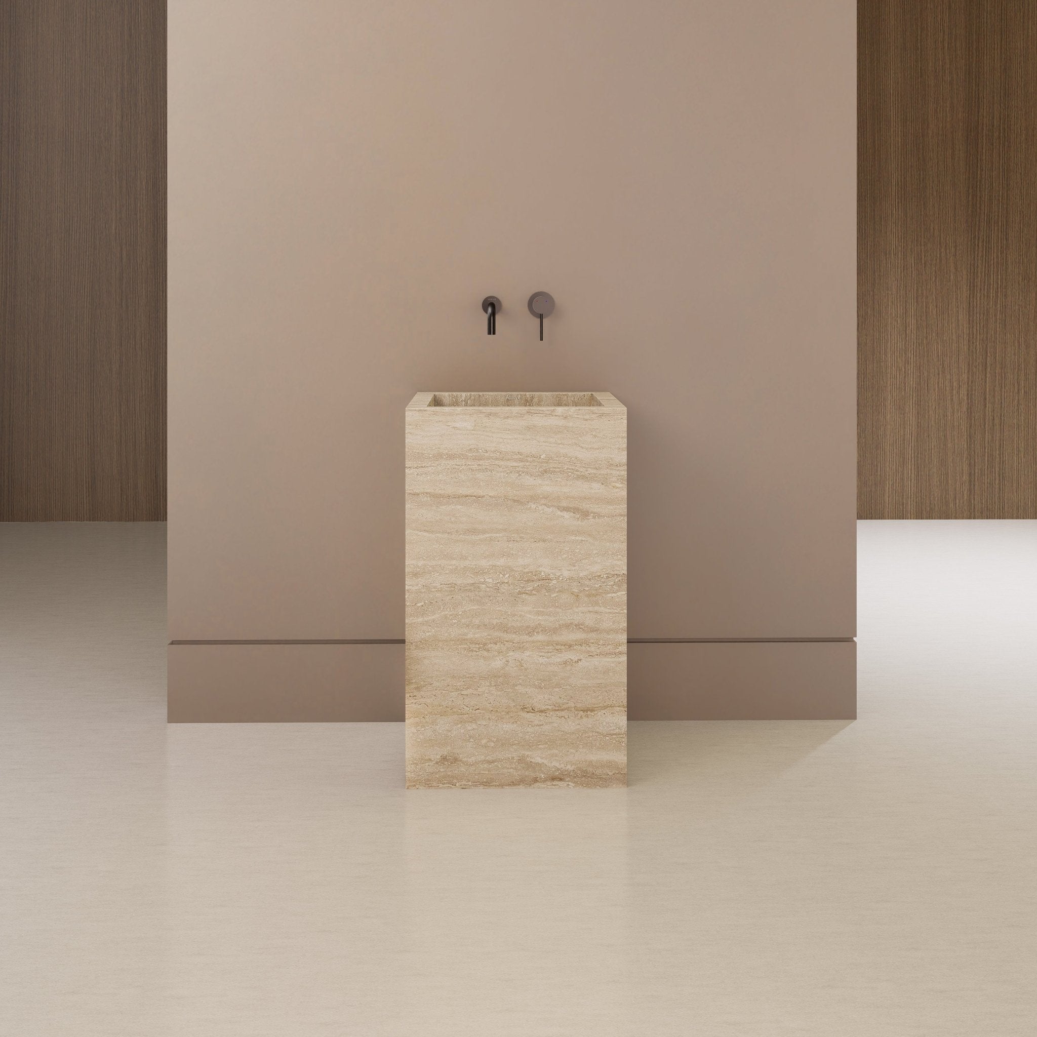 Monolithic Freestanding Pedestal Sink | Natural Travertine Sintered Stone Ramp Basin -VanityNo Hole (Wall-Mount)