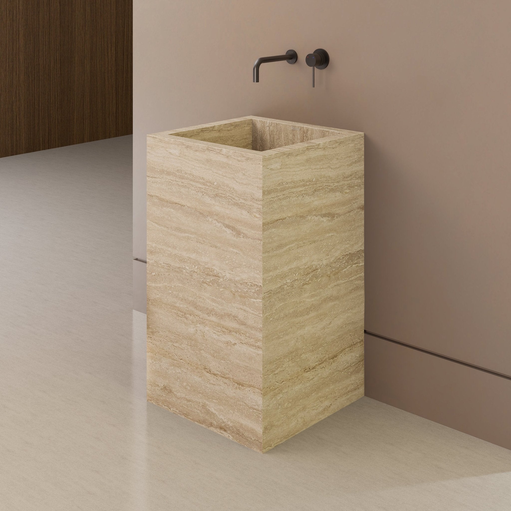 Monolithic Freestanding Pedestal Sink | Natural Travertine Sintered Stone Ramp Basin -VanityNo Hole (Wall-Mount)