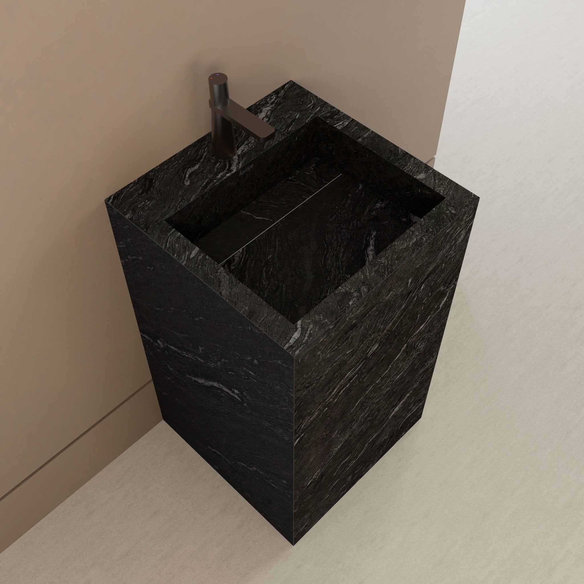 Monolithic Freestanding Pedestal Sink | Nero Marquina Sintered Stone Ramp Basin -Vanity1 Hole (Deck-Mount)