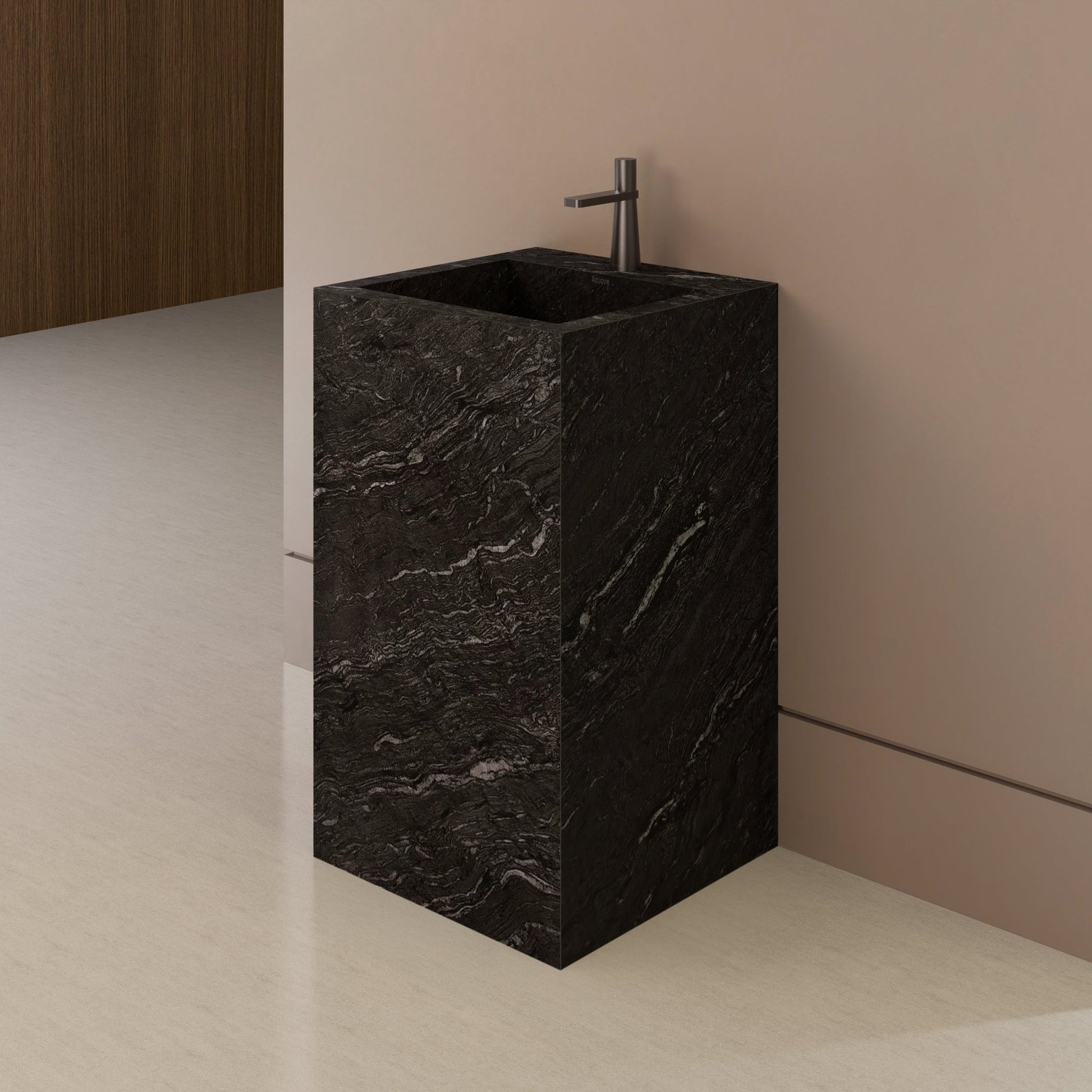 Monolithic Freestanding Pedestal Sink | Nero Marquina Sintered Stone Ramp Basin -Vanity1 Hole (Deck-Mount)