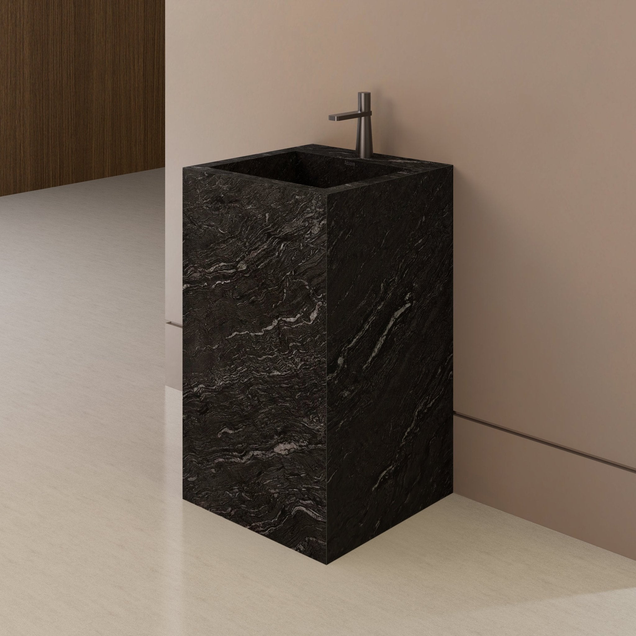 Monolithic Freestanding Pedestal Sink | Nero Marquina Sintered Stone Ramp Basin -Vanity1 Hole (Deck-Mount)