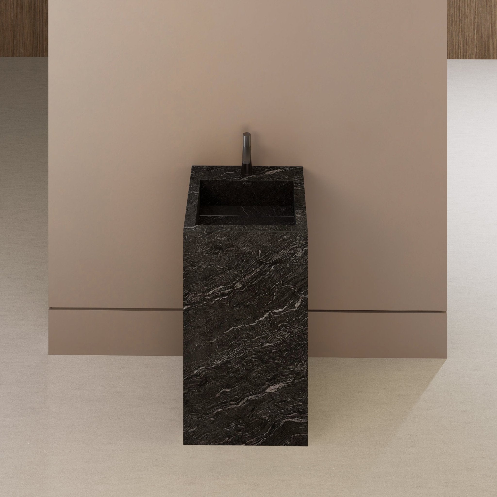 Monolithic Freestanding Pedestal Sink | Nero Marquina Sintered Stone Ramp Basin -Vanity1 Hole (Deck-Mount)