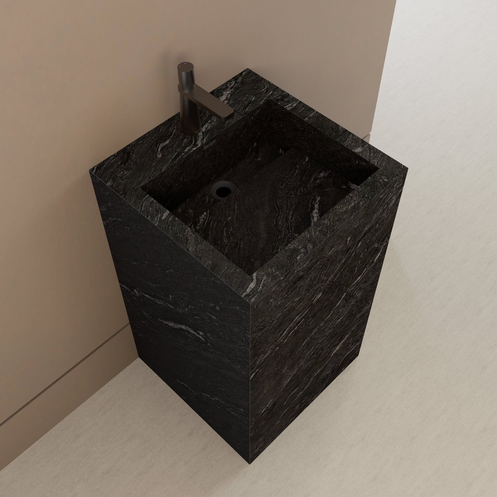 Monolithic Freestanding Pedestal Sink | Nero Marquina Sintered Stone Ramp Basin -Vanity1 Hole (Deck-Mount)