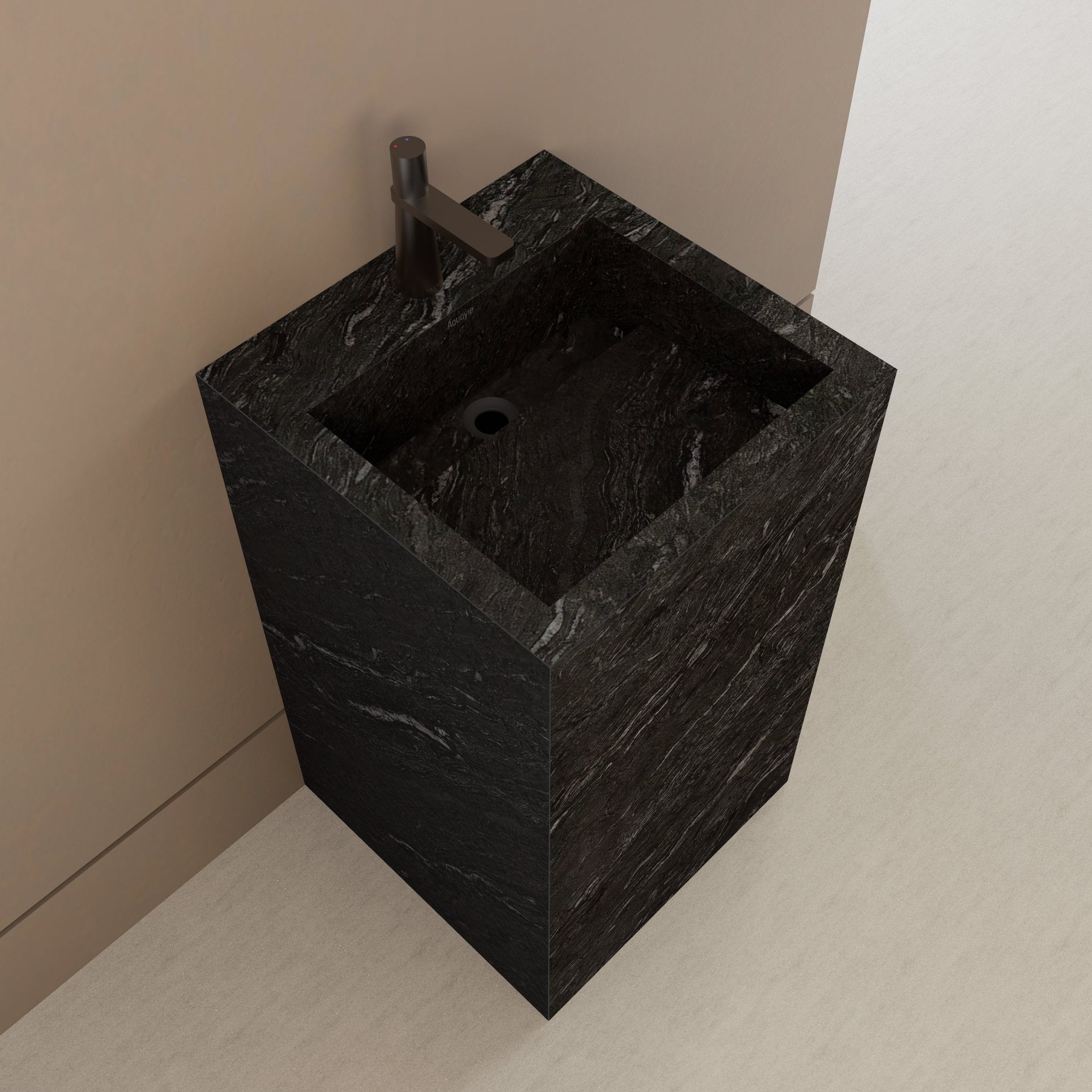 Monolithic Freestanding Pedestal Sink | Nero Marquina Sintered Stone Ramp Basin -Vanity1 Hole (Deck-Mount)