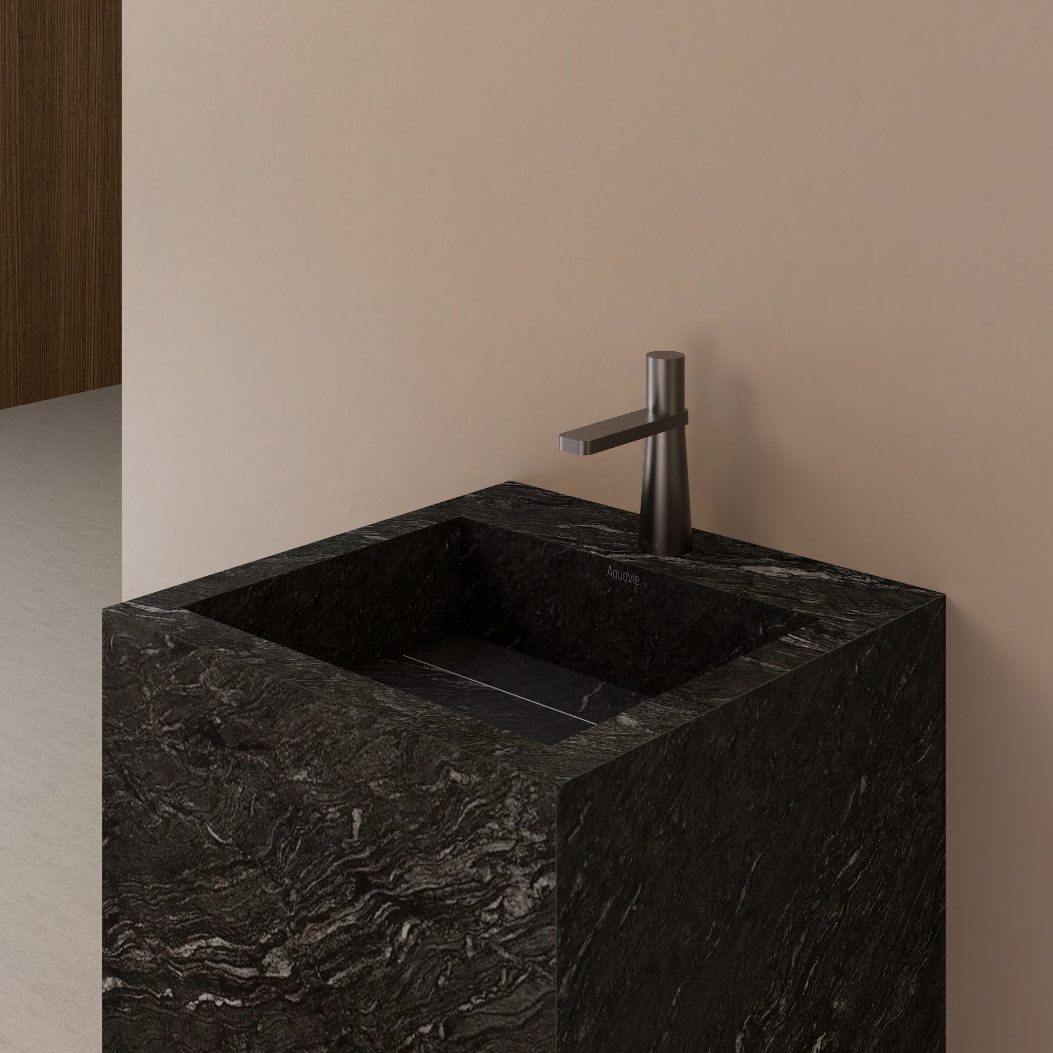 Monolithic Freestanding Pedestal Sink | Nero Marquina Sintered Stone Ramp Basin -Vanity1 Hole (Deck-Mount)