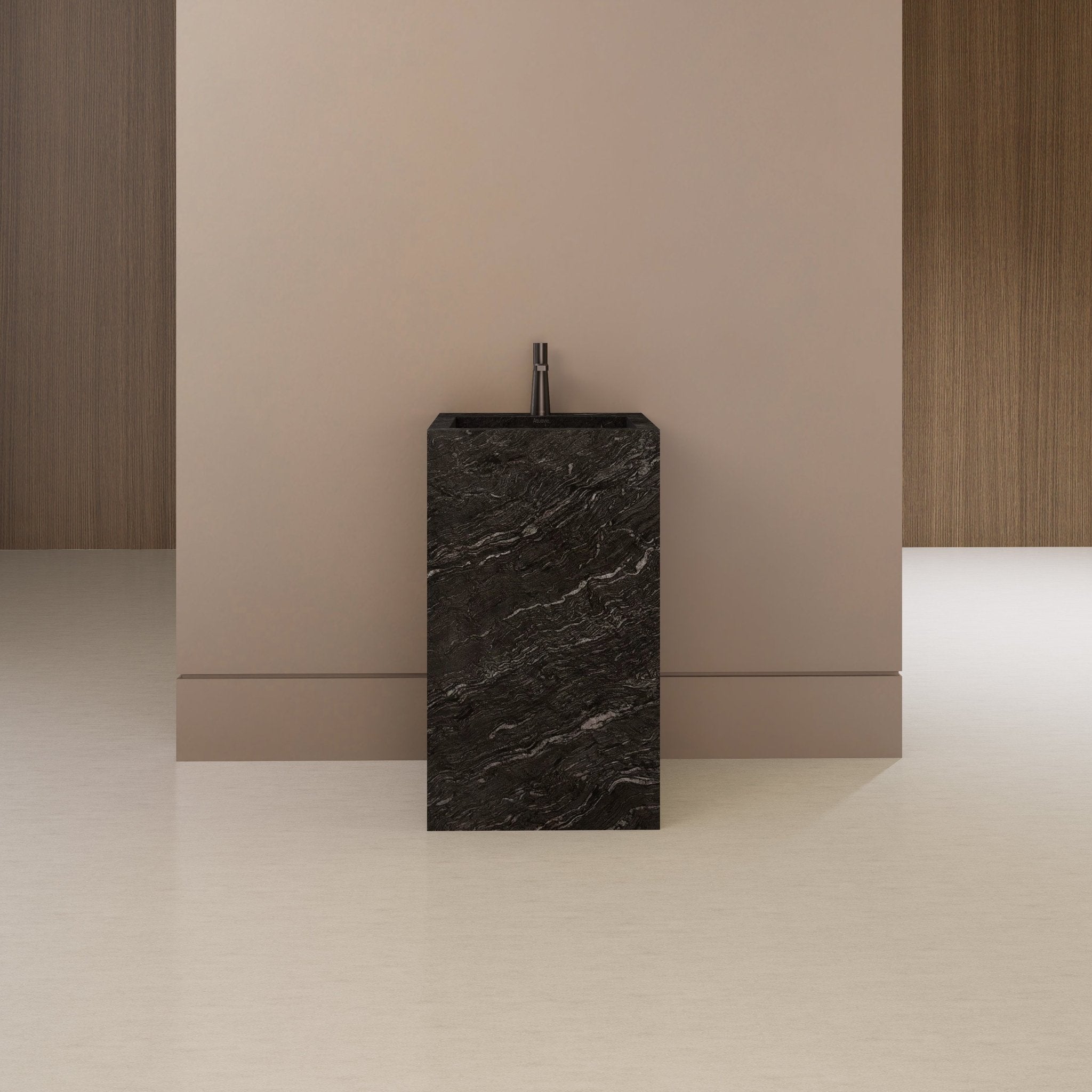 Monolithic Freestanding Pedestal Sink | Nero Marquina Sintered Stone Ramp Basin -Vanity1 Hole (Deck-Mount)