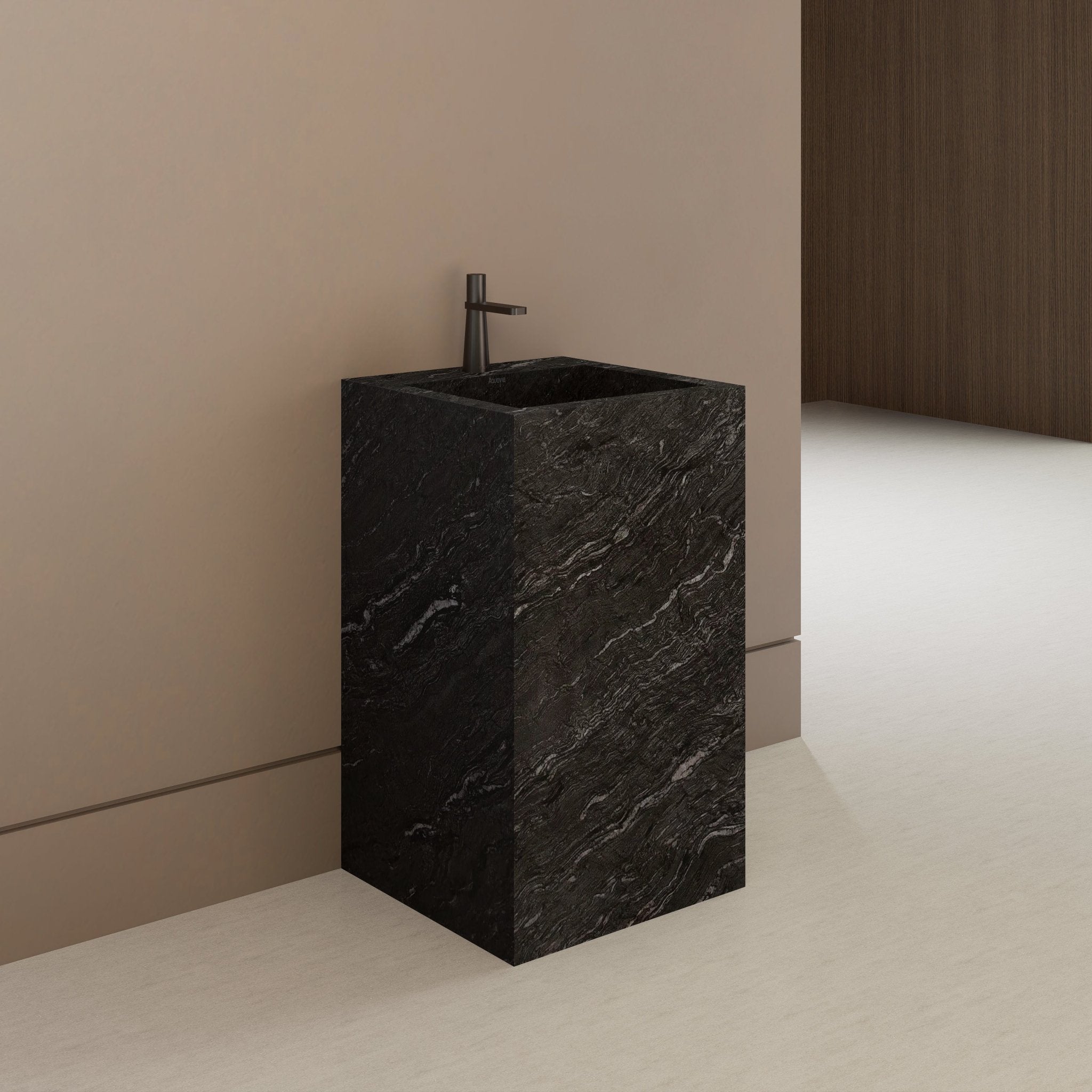 Monolithic Freestanding Pedestal Sink | Nero Marquina Sintered Stone Ramp Basin -Vanity1 Hole (Deck-Mount)