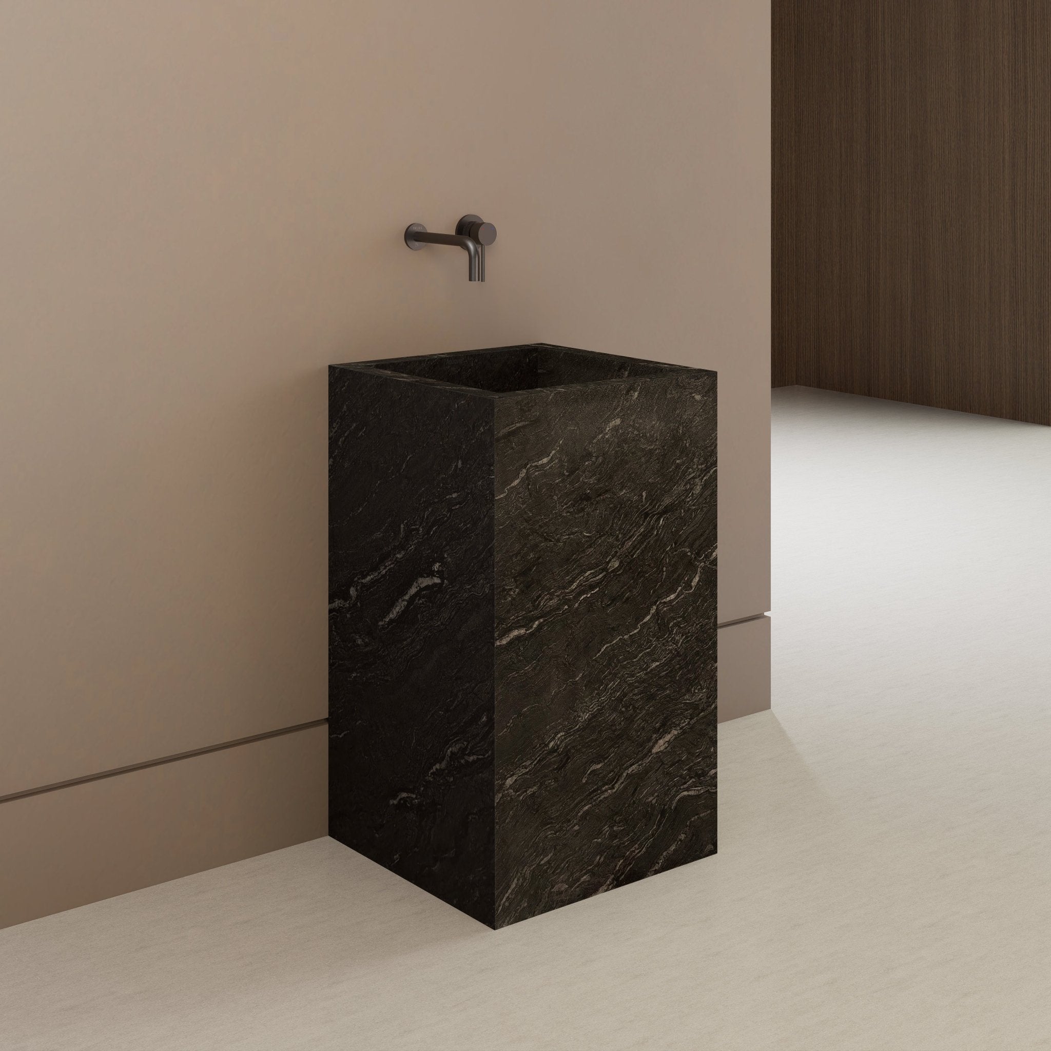 Monolithic Freestanding Pedestal Sink | Nero Marquina Sintered Stone Ramp Basin -VanityNo Hole (Wall-Mount)