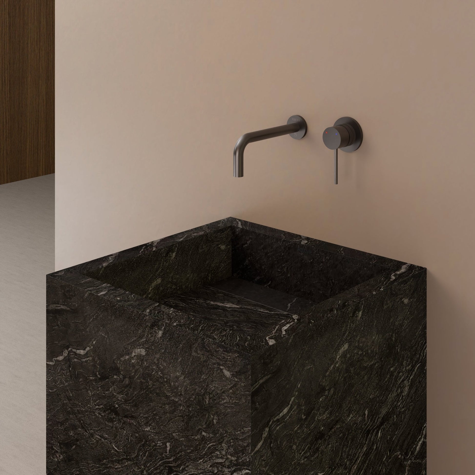 Monolithic Freestanding Pedestal Sink | Nero Marquina Sintered Stone Ramp Basin -VanityNo Hole (Wall-Mount)