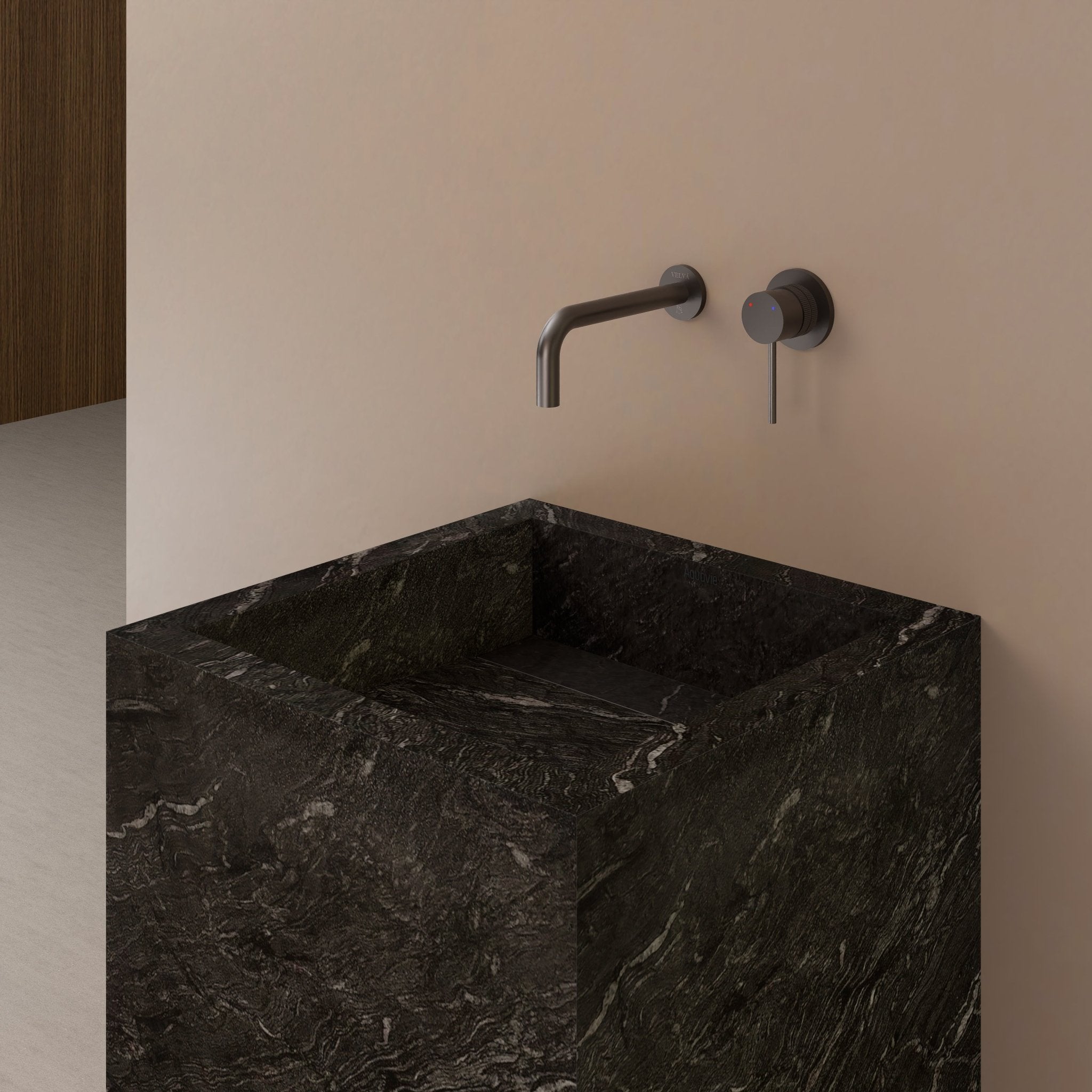 Monolithic Freestanding Pedestal Sink | Nero Marquina Sintered Stone Ramp Basin -VanityNo Hole (Wall-Mount)