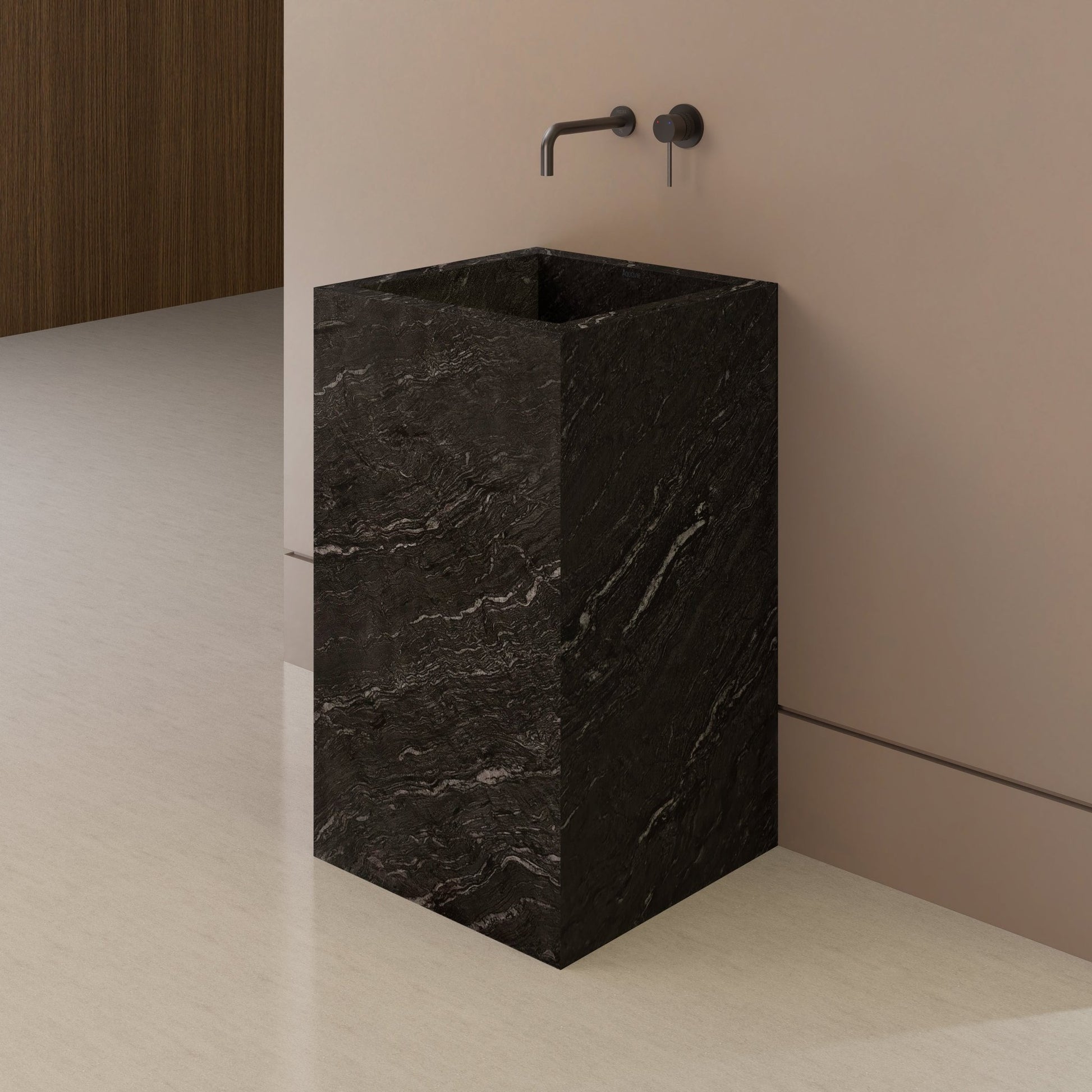Monolithic Freestanding Pedestal Sink | Nero Marquina Sintered Stone Ramp Basin -VanityNo Hole (Wall-Mount)