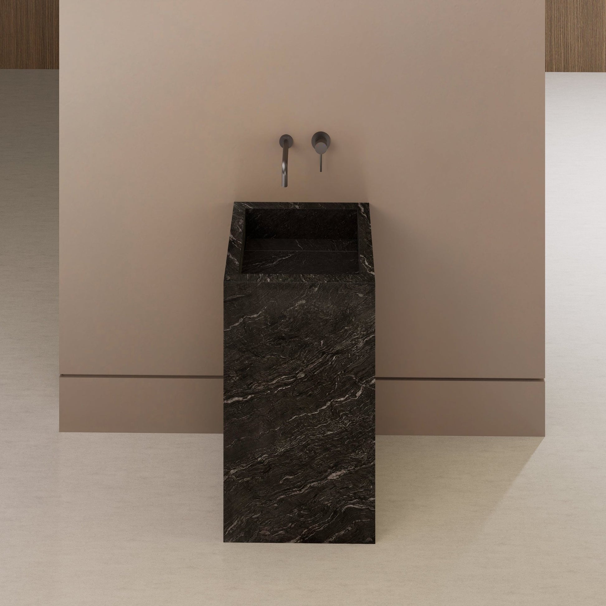 Monolithic Freestanding Pedestal Sink | Nero Marquina Sintered Stone Ramp Basin -VanityNo Hole (Wall-Mount)