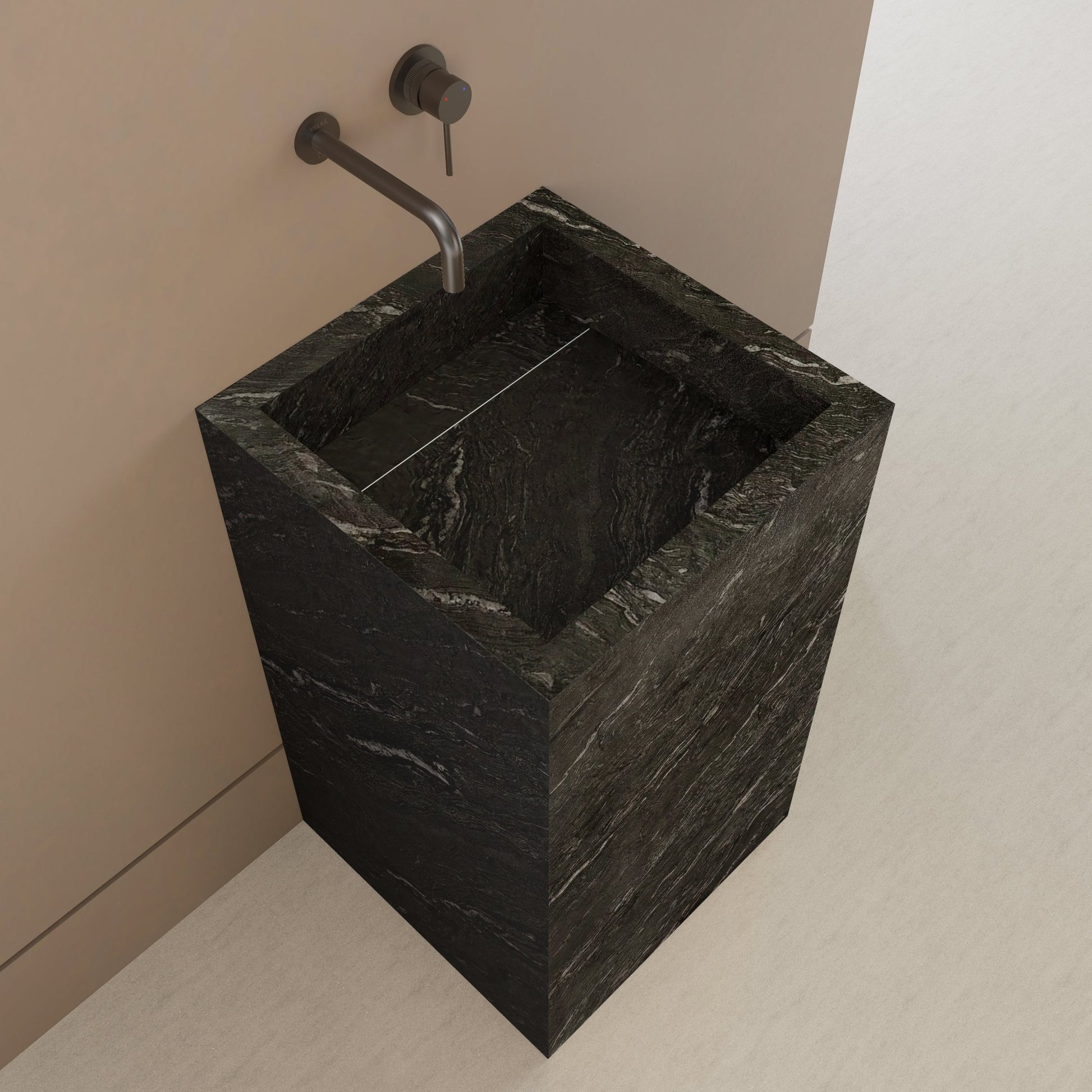 Monolithic Freestanding Pedestal Sink | Nero Marquina Sintered Stone Ramp Basin -VanityNo Hole (Wall-Mount)