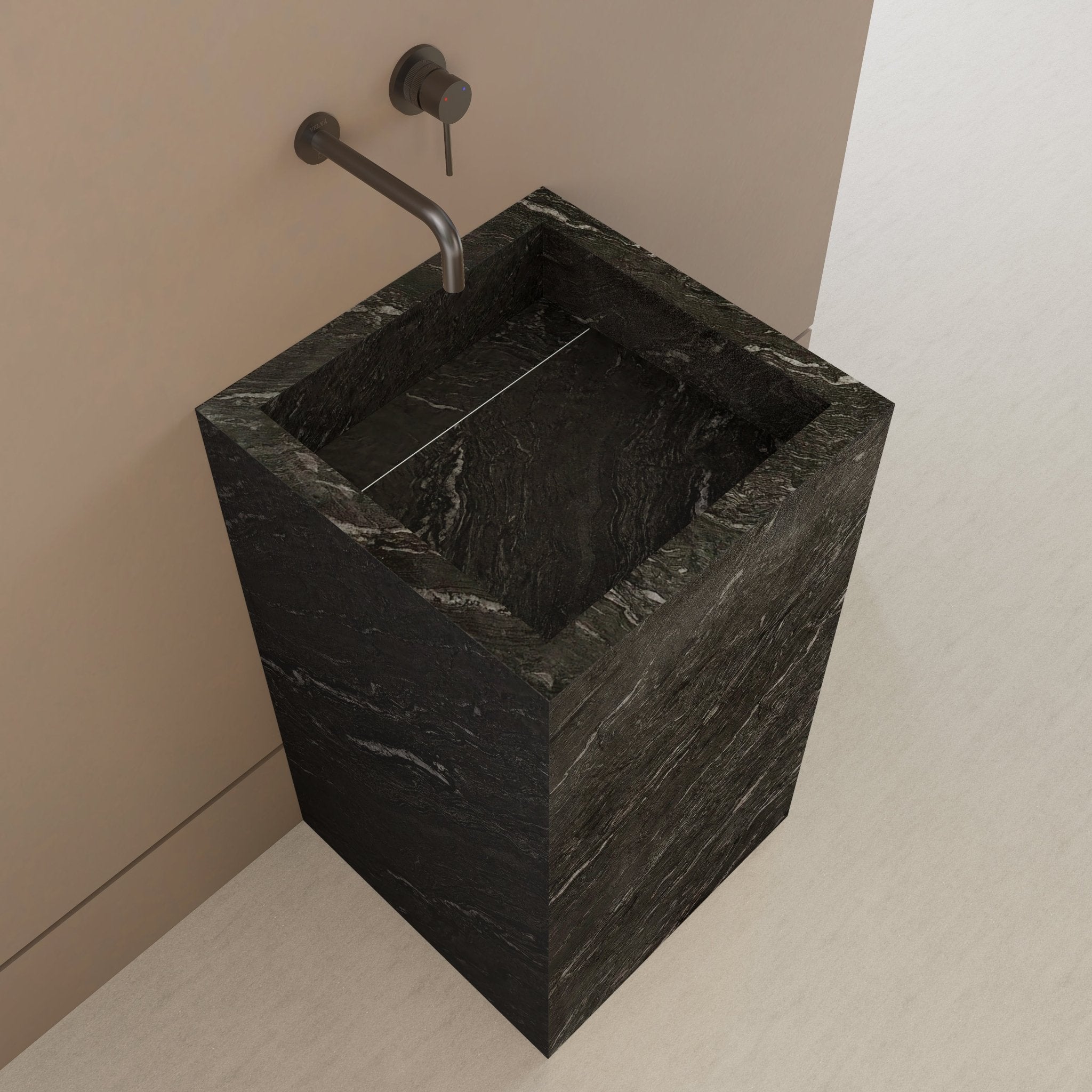Monolithic Freestanding Pedestal Sink | Nero Marquina Sintered Stone Ramp Basin -VanityNo Hole (Wall-Mount)
