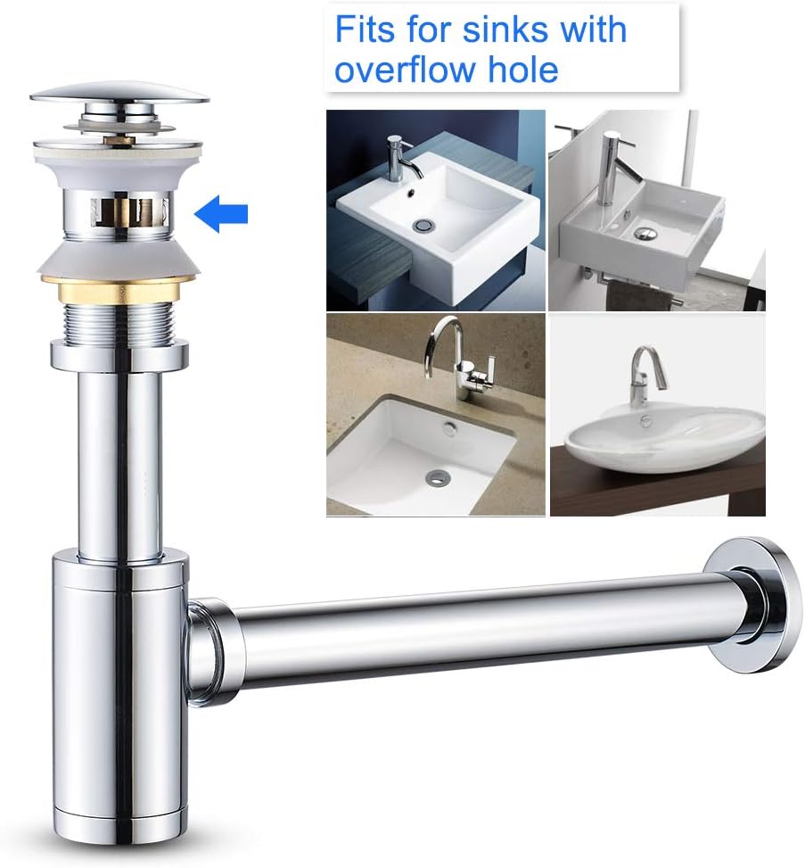 Polish Chrome P - Trap Kit with Overflow – Solid Brass 1 - 1/4” Sink Drain, Anti - Clog - Fixtures NeoNova Decor