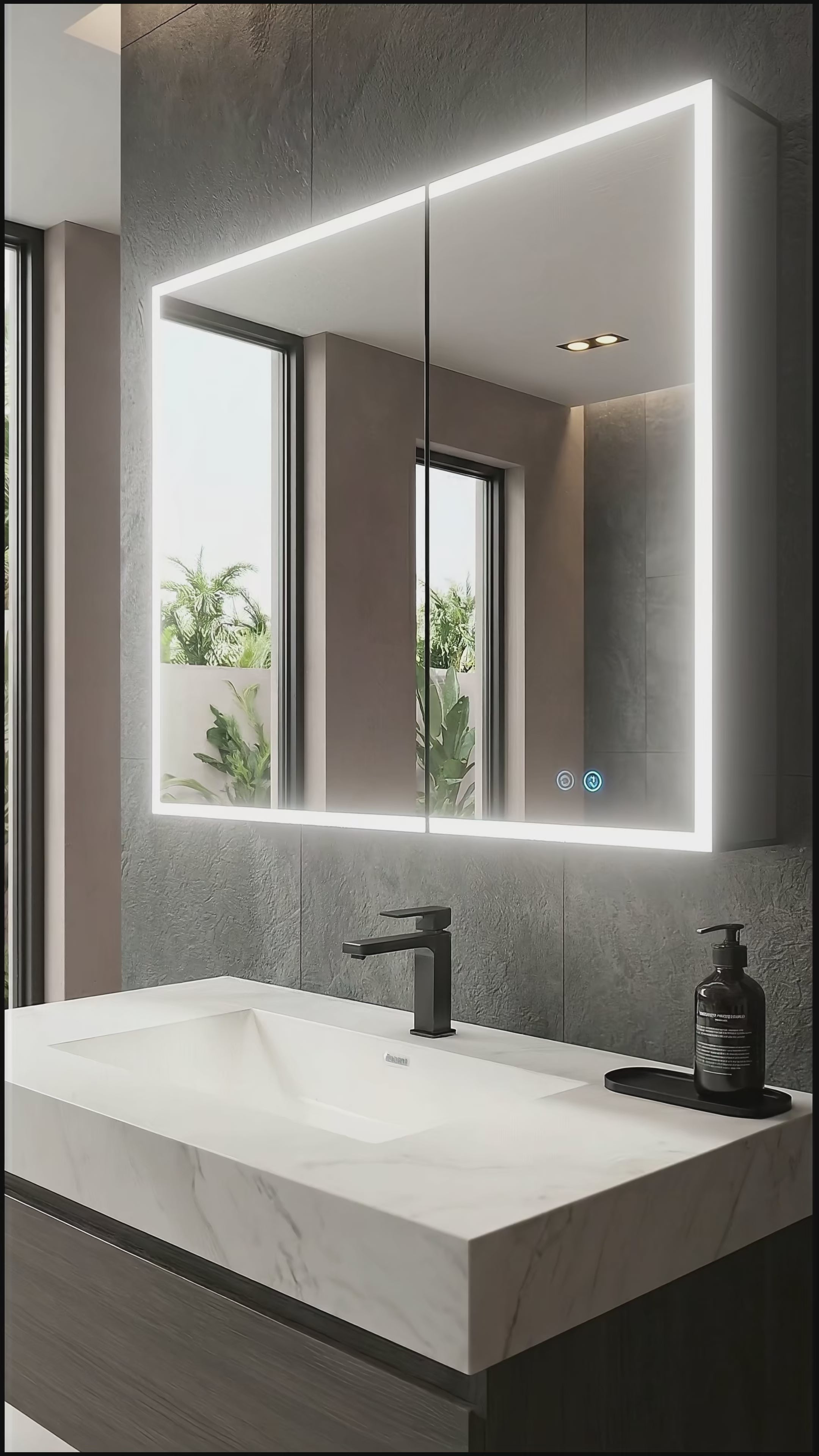 Load video: 36"x32" Bathroom LED Mirror Cabinet – Dimmable Light, Anti-Fog, Recessed or Surface Mount