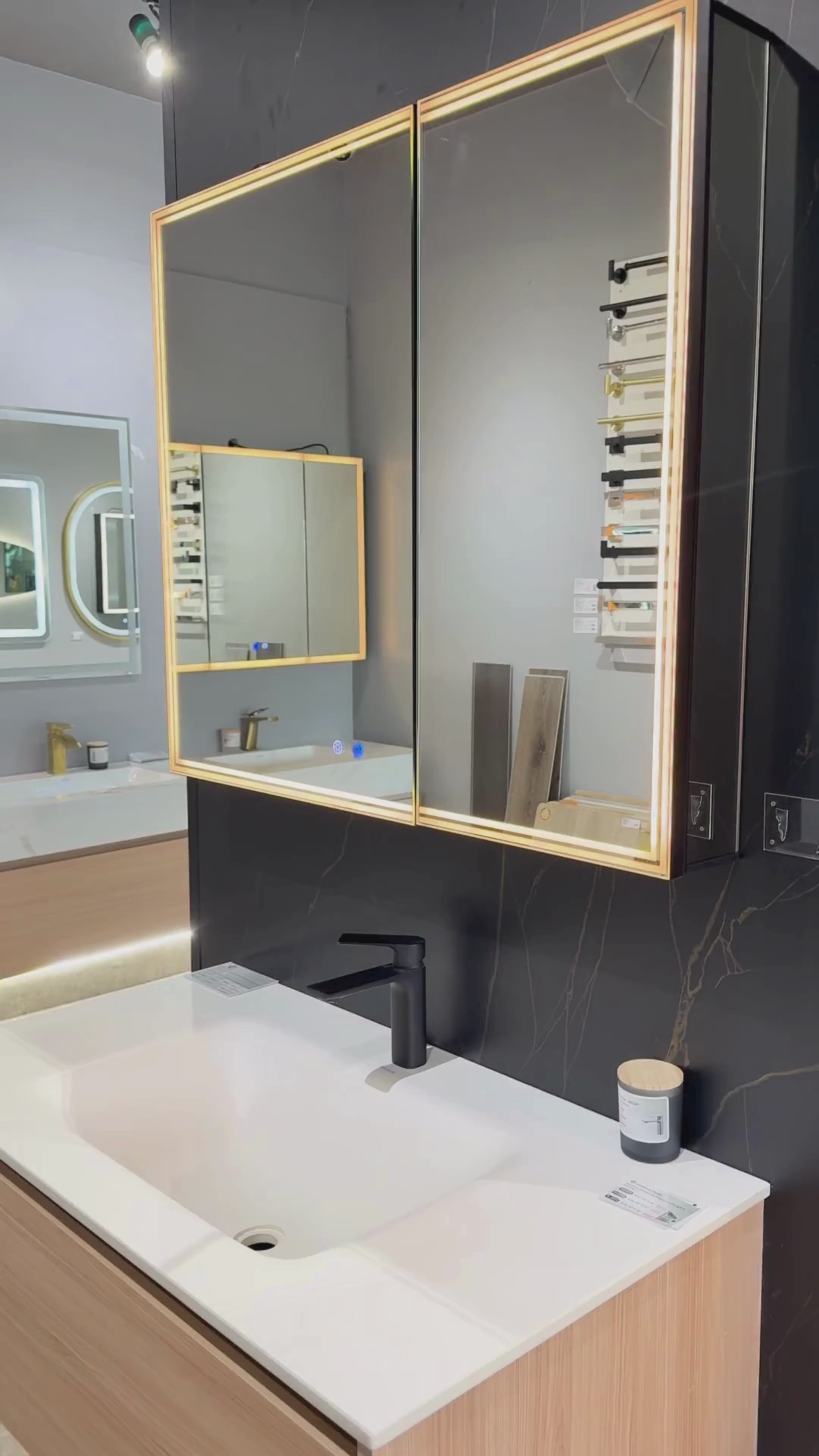 Load video: 36"x32" Bathroom LED Mirror Cabinet – Dimmable Light, Anti-Fog, Recessed or Surface Mount