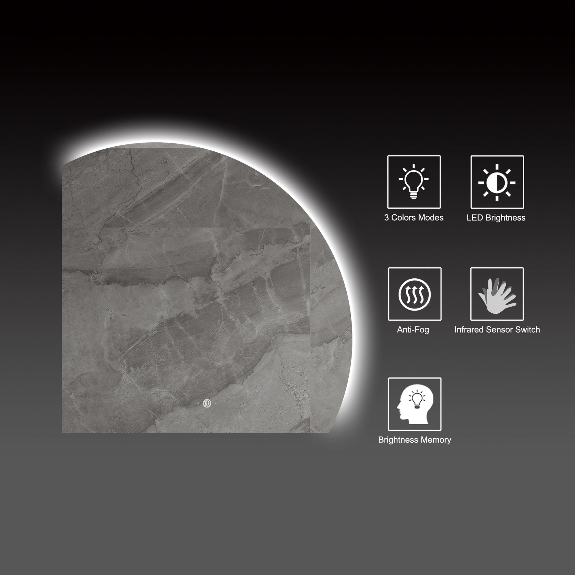 Semi Circle LED Mirror 36" x 36", Stepless Dimming + Wave Sensor - LED MIrror NeoNova Decor