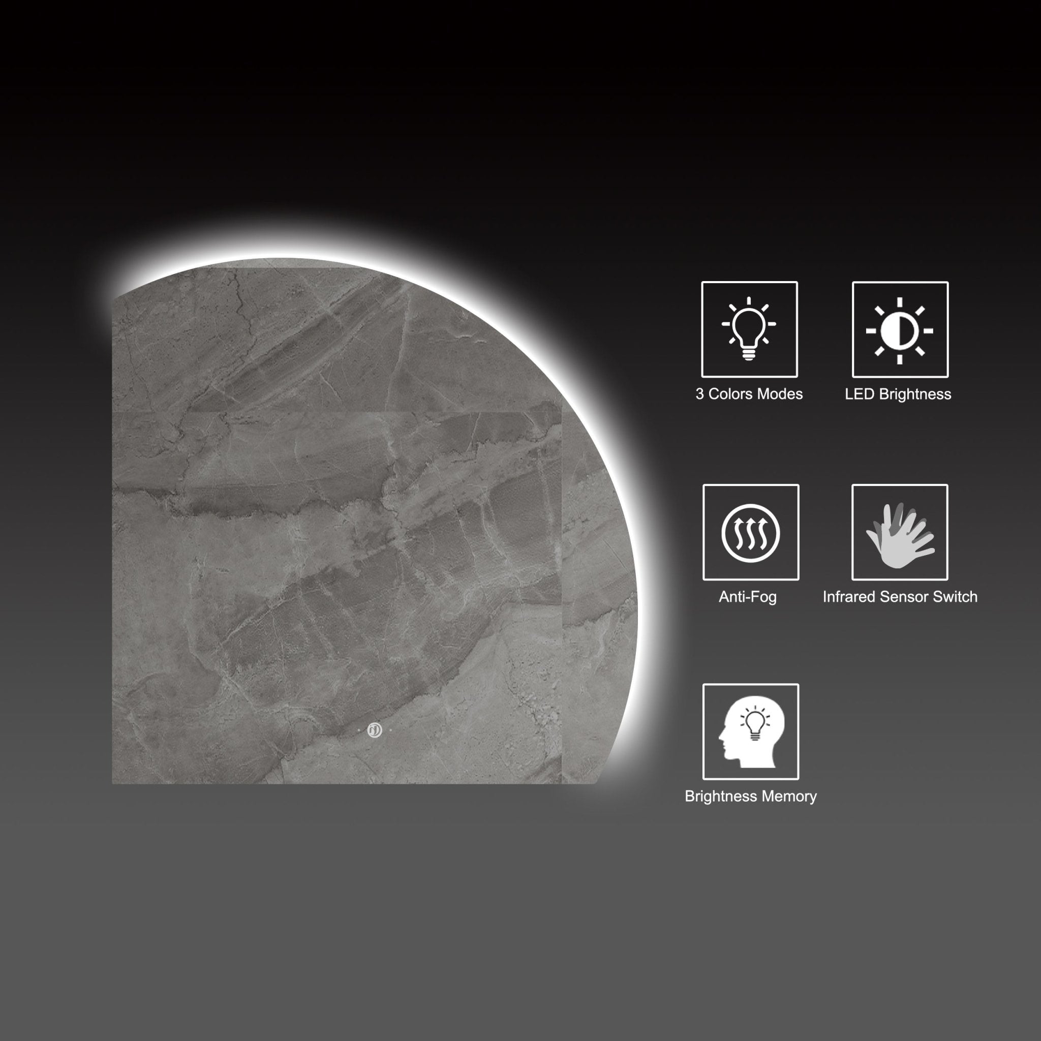 Semi Circle LED Mirror 36" x 36", Stepless Dimming + Wave Sensor - LED MIrror NeoNova Decor