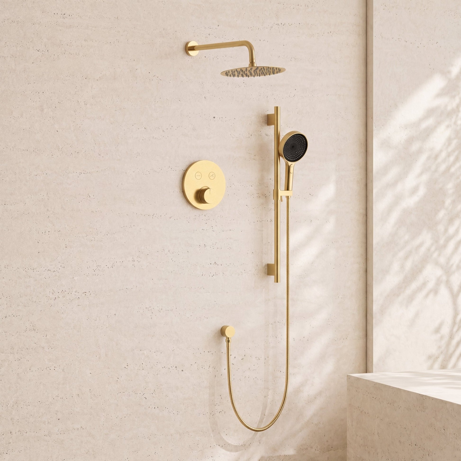 Thermostatic Shower System with Rough - In Valve – 10” Rain Head, Hand Shower, cUPC Certified (Vernet & Neoperl) - ShowerBrushed Gold