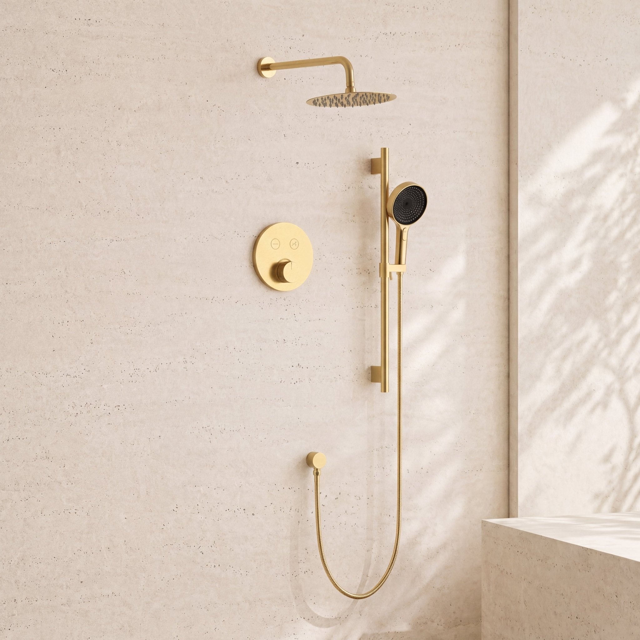 Thermostatic Shower System with Rough - In Valve – 10” Rain Head, Hand Shower, cUPC Certified (Vernet & Neoperl) - ShowerBrushed Gold