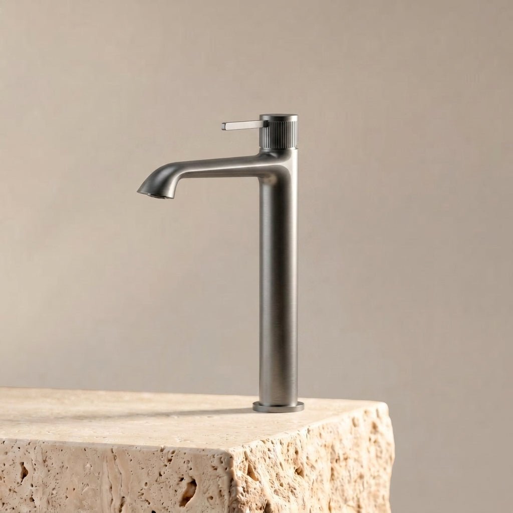 Velva ARCO Collection | Tall Graceful Arc Vessel Faucet with Ribbed Detailing - FaucetGun Metal